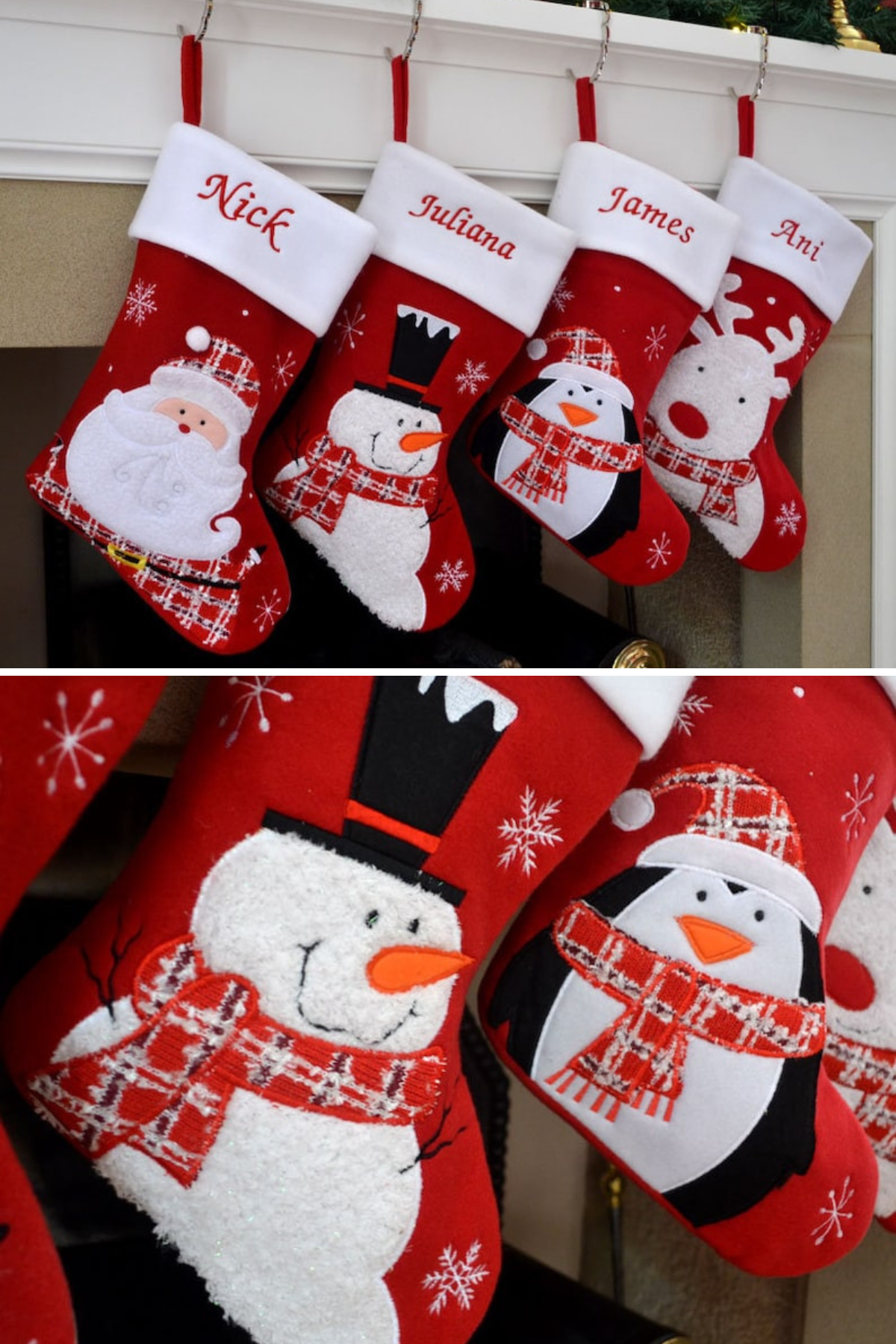 These whimsical stockings are bright red with adorable holiday characters like snowmen and penguins, perfect for children and those young at heart, with personalized names embroidered on the cuffs.