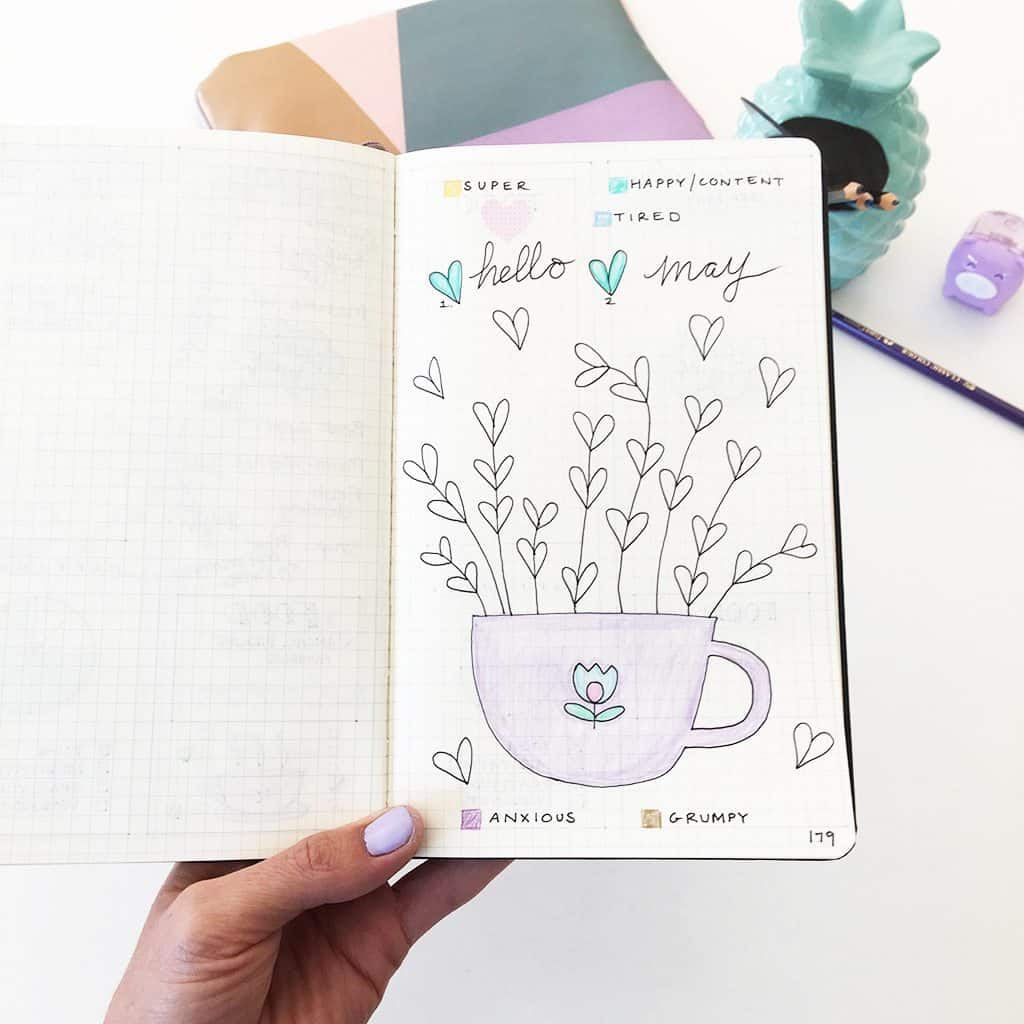 Heart shaped leaves coffee cup mood tracker printable