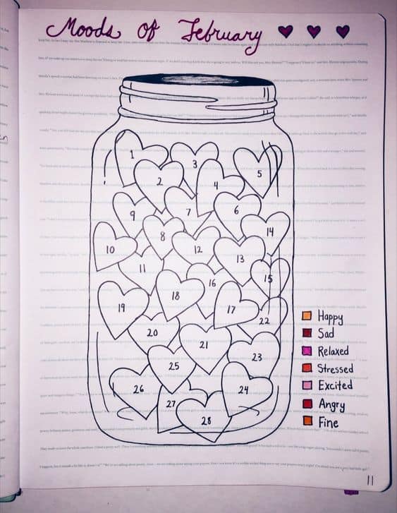 Hearts in a mason jar mood tracker
