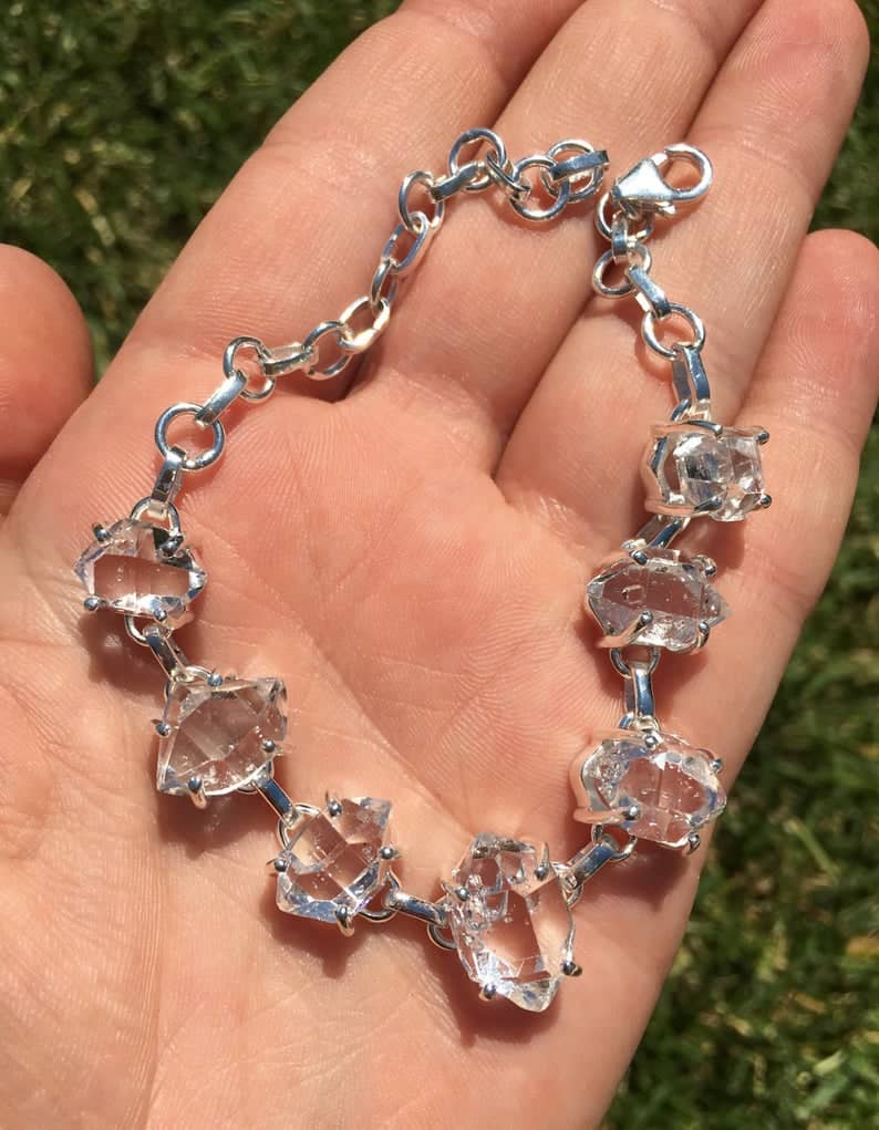 Natural Gemstones April Birthstone Gift for Women 925 Sterling Silver Uncut Herkimer Diamond Beads Bolo Bracelet Adjustable Slider Chain