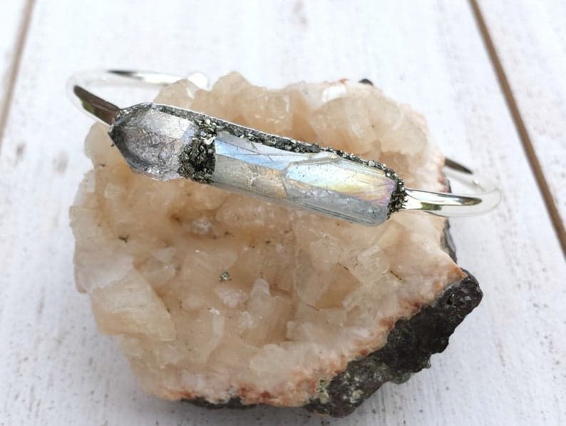 Herkimer Diamond & Angel Aura Quartz Crystal Cuff Bracelet