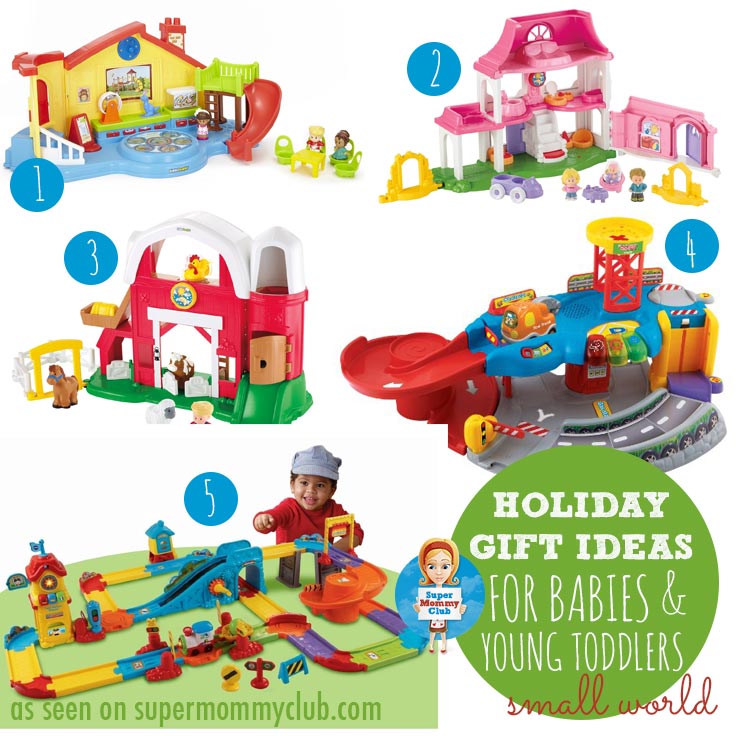 If you're buying a gift for a toddler then you cannot go wrong with Fisher Price Little People and VTech Go! Go! playlets. We have several of each at home and at my parent's and the kiddos will play with them for hours. The