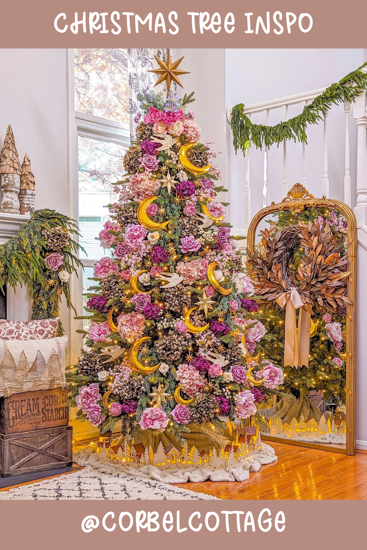 Tree 7 (@CORBELCOTTAGE): Floral and mystical, this tree brings a romantic fairy-tale ambiance into your home. With its lush blooms in shades of pink and purple paired with crescent moons and stars, it’s a dreamy decoration that blends nature's beauty with a hint of cosmic wonder.