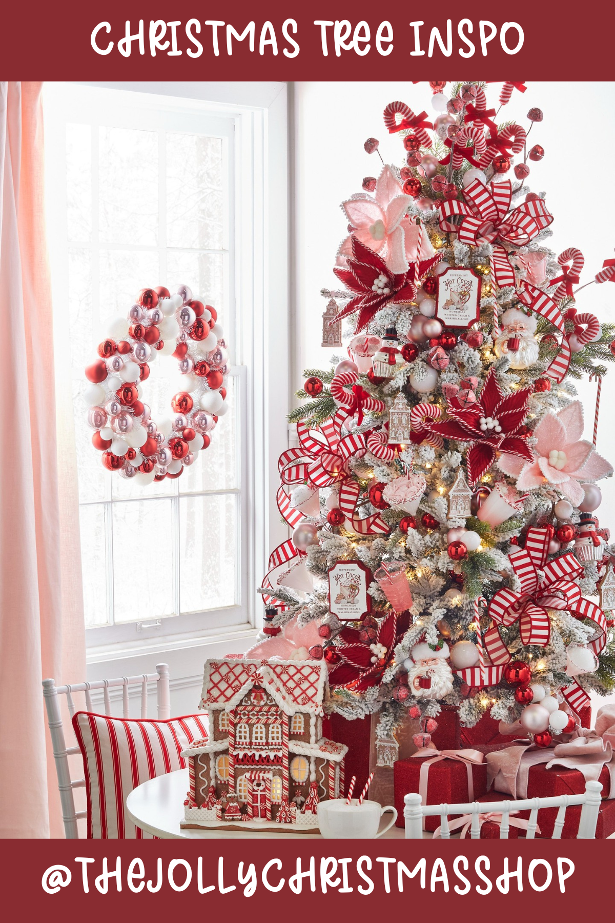 Tree 8 (@THEJOLLYCHRISTMASSHOP): Classic peppermint stripes and sugary sweetness make this tree look good enough to eat! Decked out in red and white with candy canes and frosted flowers, it's the perfect inspiration for those looking to create a sweet and traditional holiday theme.