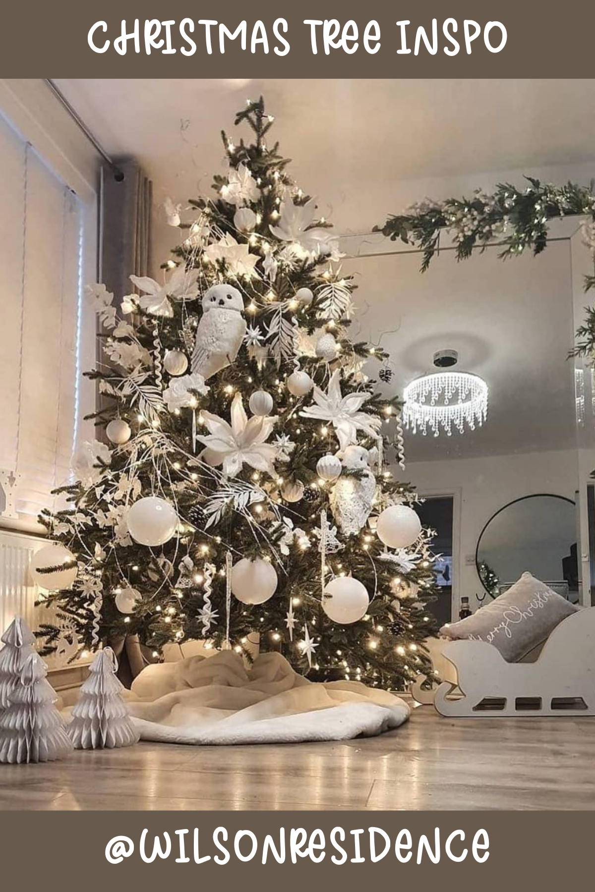 Tree 9 (@WILSONRESIDENCE): Elegant and serene, this white-themed tree is like a scene from a winter forest. Delicate snow owls and oversized white flowers add a natural, whimsical touch, creating a cozy and peaceful vibe that's sure to make any room feel like a snowy paradise.