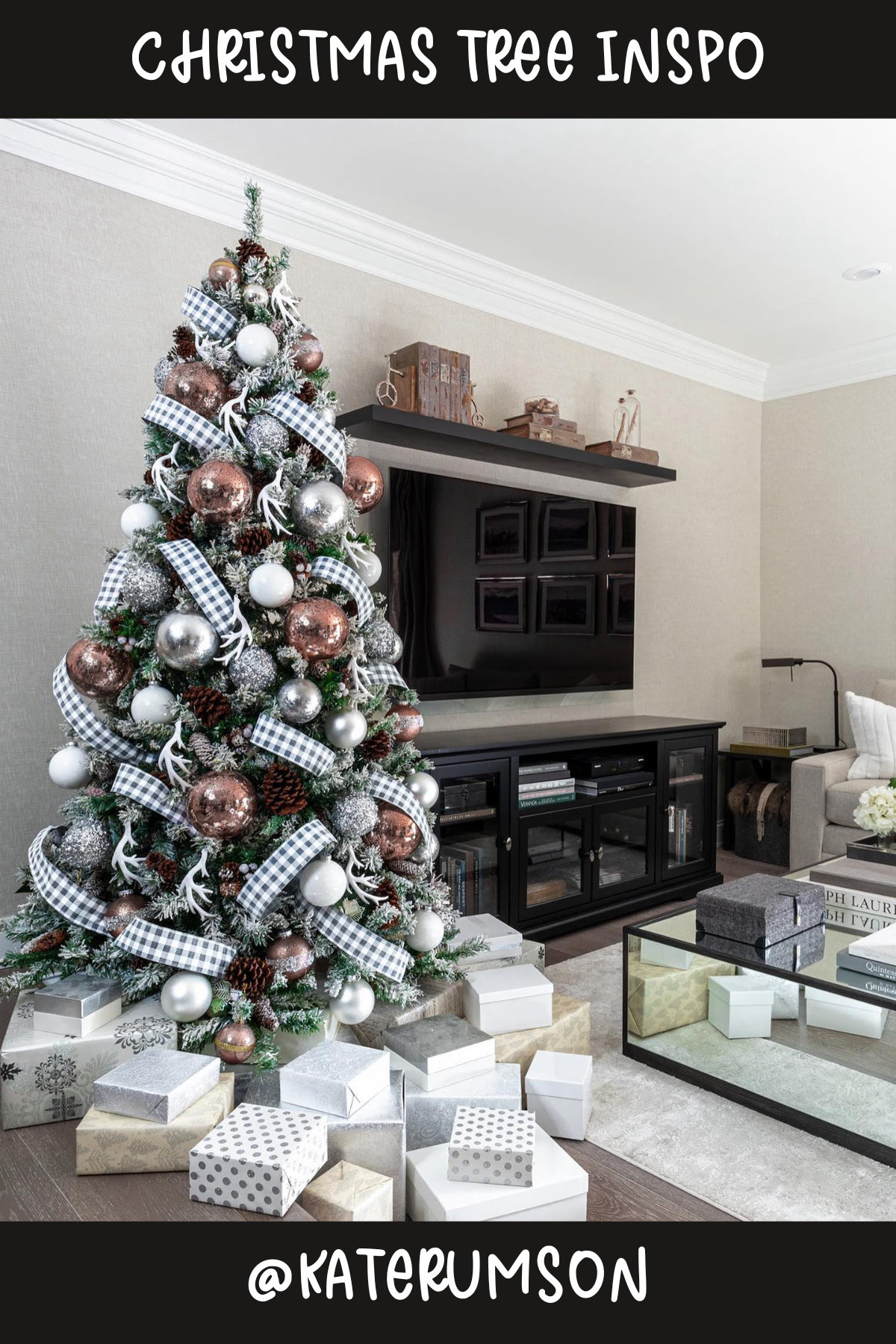 Tree 10 (@KATERUMSON): Sleek and stylish, this tree is the epitome of modern holiday decor. The blend of metallic hues, checkered ribbons, and pine cones gives it a refined yet cozy feel, making it a beautiful focal point for a contemporary Christmas celebration.