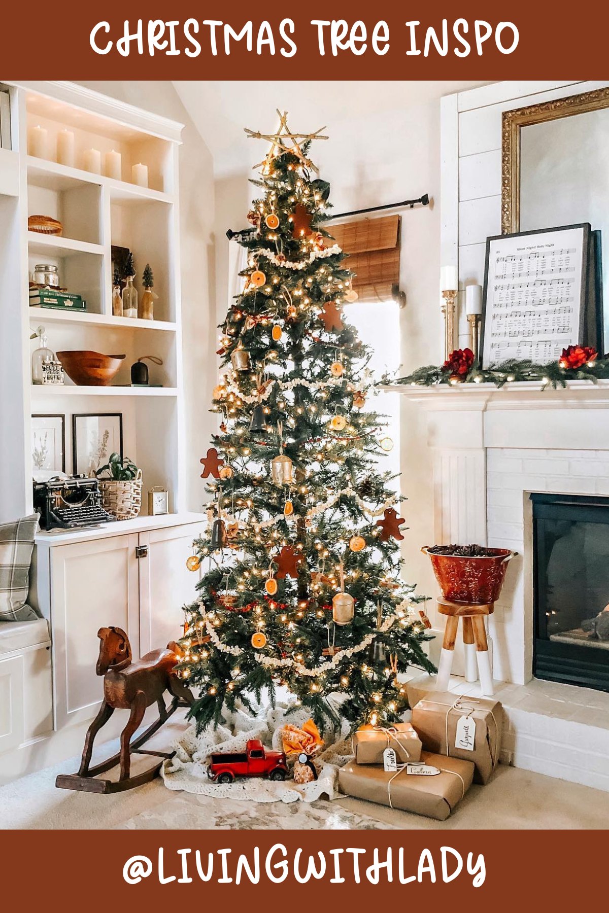 Tree 11 (@LIVINGWITHLADY): This tree gives off a cozy, rustic vibe with its natural elements like dried orange slices and gingerbread ornaments. The subtle twinkle lights and the wooden accents make it feel warm and homey, perfect for a farmhouse-style Christmas.