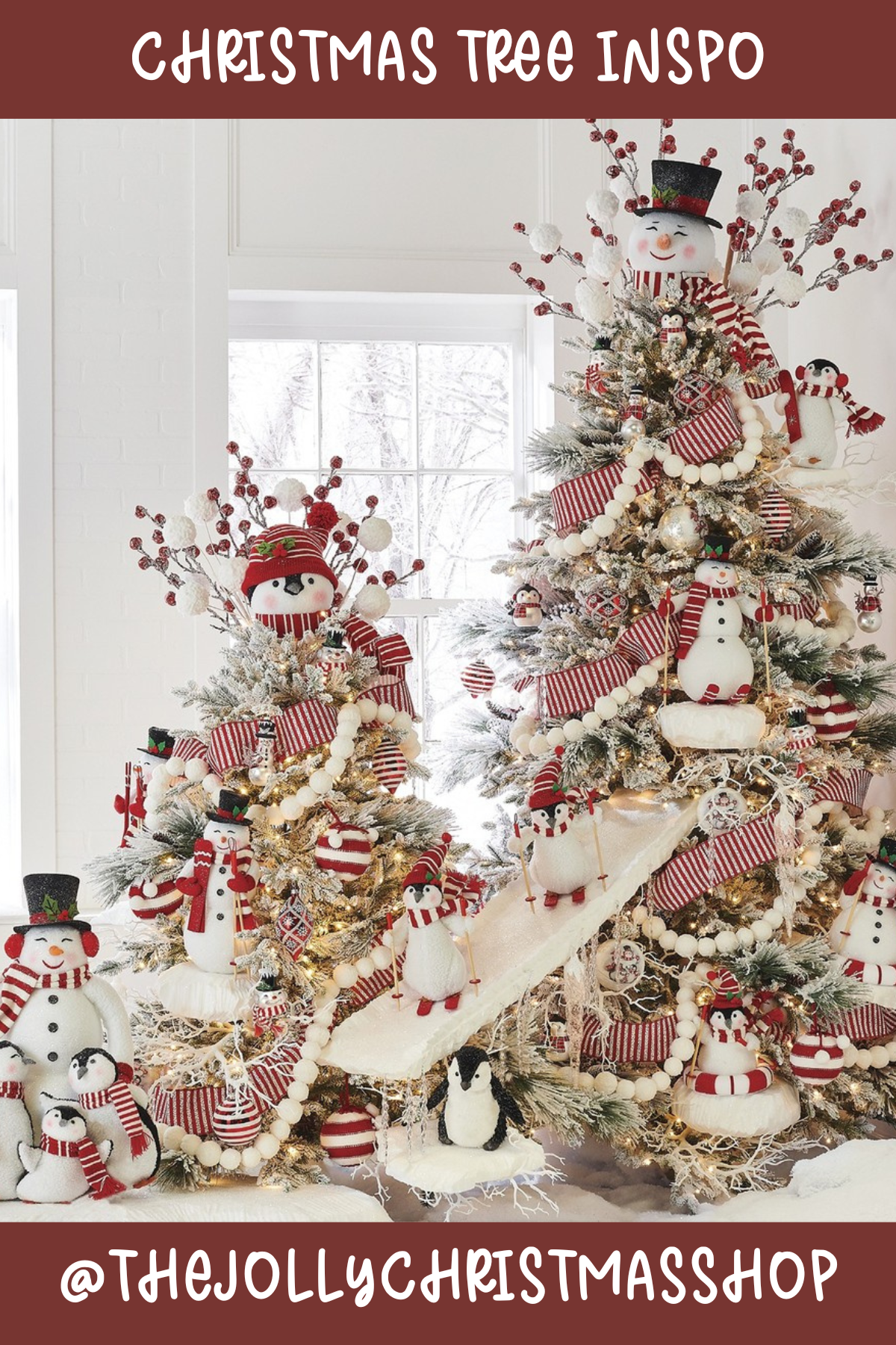 Tree 12 (@THEJOLLYCHRISTMASSHOP): Step into a winter wonderland with this delightful snowman-themed tree! It’s decked out with plush snowmen, penguins, and cozy striped scarves that make it feel like a fun, frosty holiday scene straight out of the North Pole.