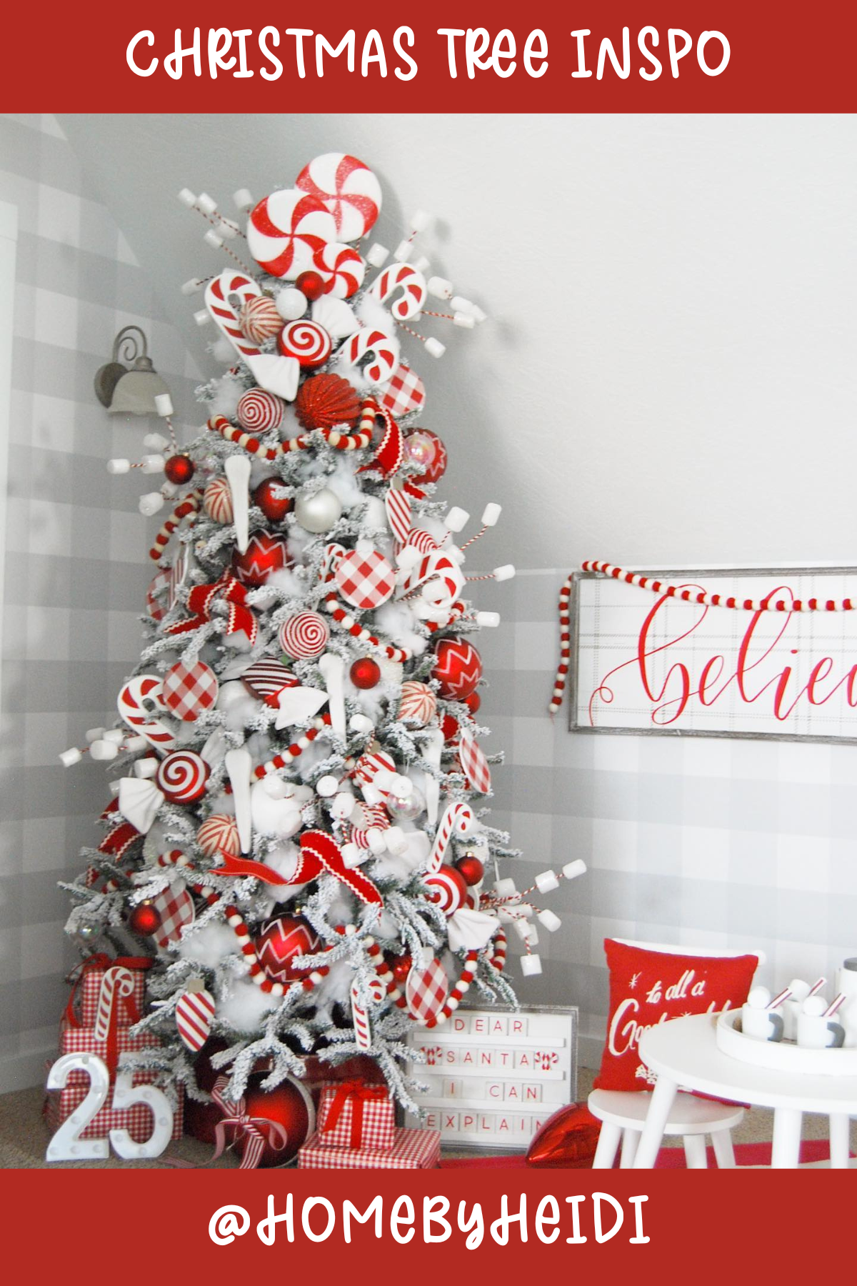 Tree 15 (@HOMEBYHEIDI): Peppermint candy and marshmallow galore! This playful tree is a candy-lover's dream, brimming with oversized peppermint swirls, candy canes, and fluffy white "marshmallow" ornaments. It’s sweet, fun, and full of holiday cheer!