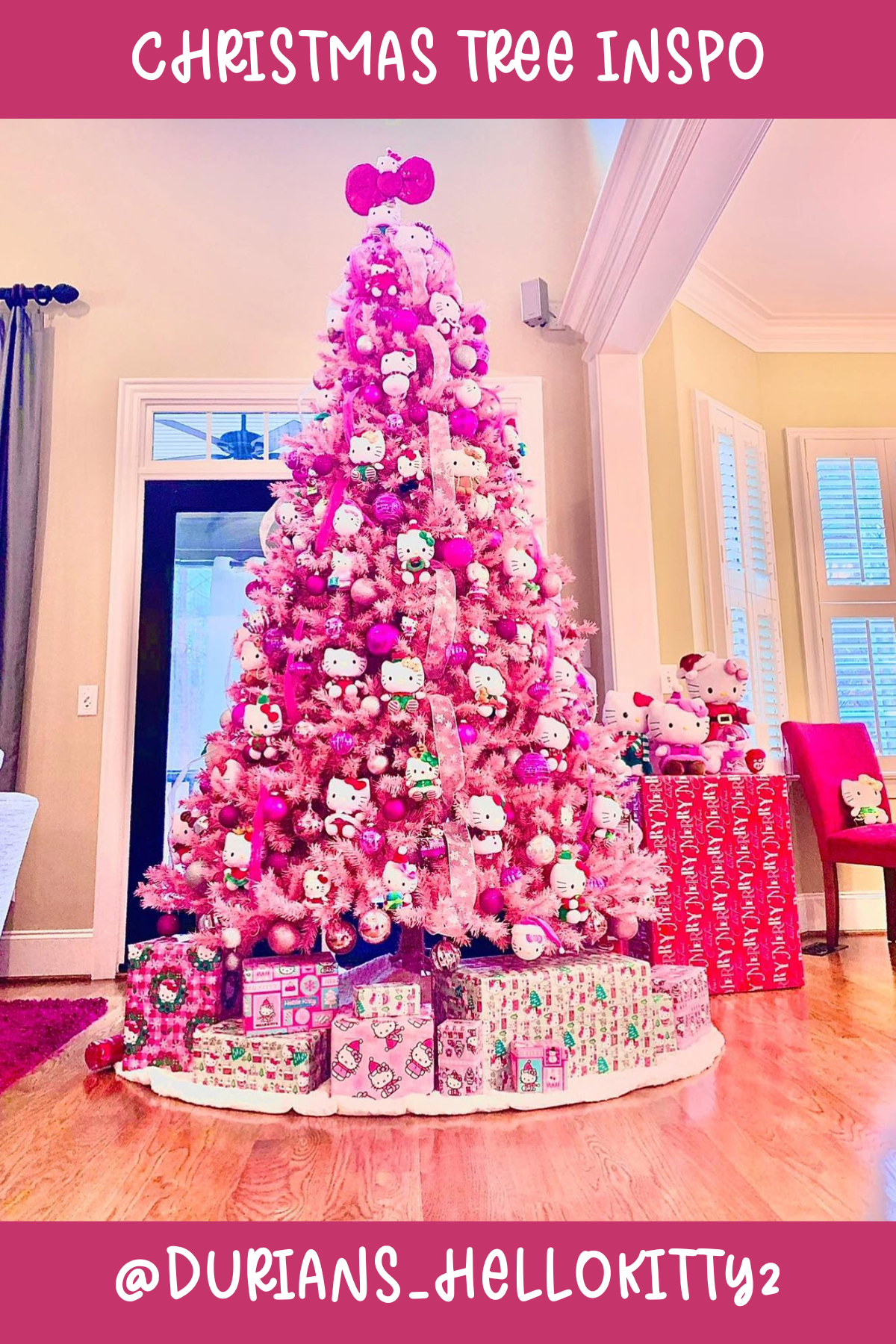 Tree 16 (@DURIANS_HELLOKITTY2): Pink, playful, and packed with cuteness, this tree is a Hello Kitty lover’s paradise! Adorned with plush Hello Kitty ornaments and pink baubles, it’s a bright, joyful way to celebrate the holidays with a touch of kawaii charm.