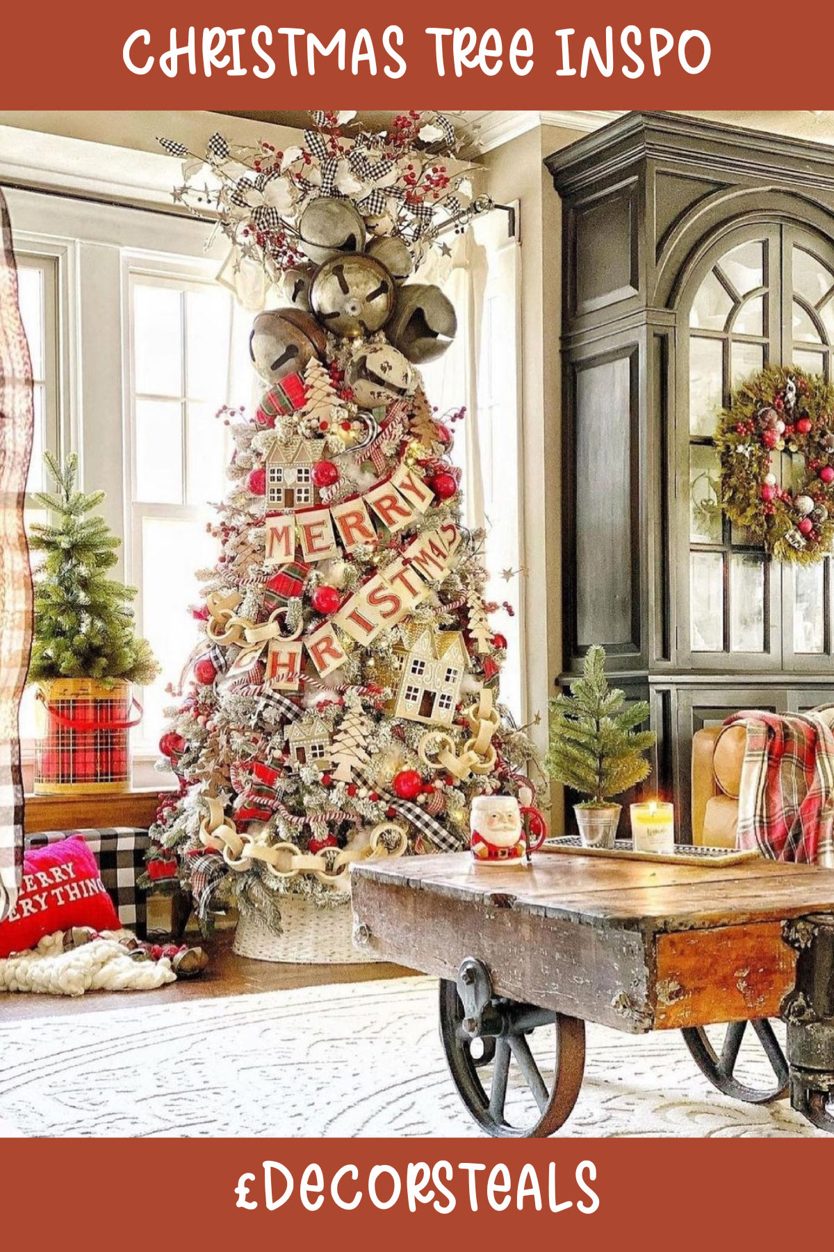 Tree 17 (@DECORSTEALS): Rustic farmhouse vibes come alive in this tree with its frosted branches, oversized jingle bells, and plaid ribbons. The charming "Merry Christmas" banner and little house ornaments add a cozy, vintage-inspired touch to the holiday decor.