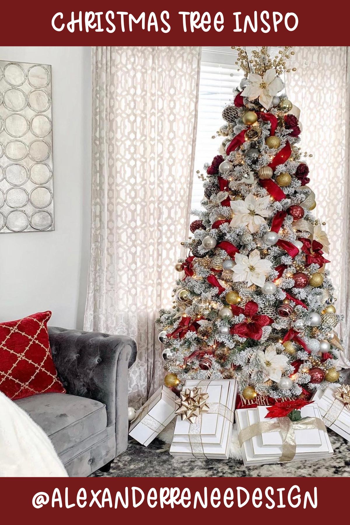 Tree 19 (@ALEXANDERRENEEDESIGN): A wintery masterpiece, this tree combines classic holiday colors with a touch of elegance. The rich red ribbon, golden ornaments, and large white poinsettias give it a sophisticated and luxurious feel, perfect for a formal living room setup.