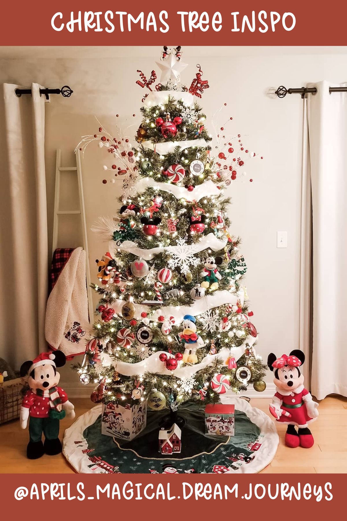 Tree 20 (@APRILS_MAGICAL.DREAM.JOURNEYS): A Disney holiday wonder, this tree is filled with the magic of Mickey and friends! From the adorable plush ornaments to the pops of red and white, it’s a whimsical way to bring some Disney cheer into your home this Christmas.