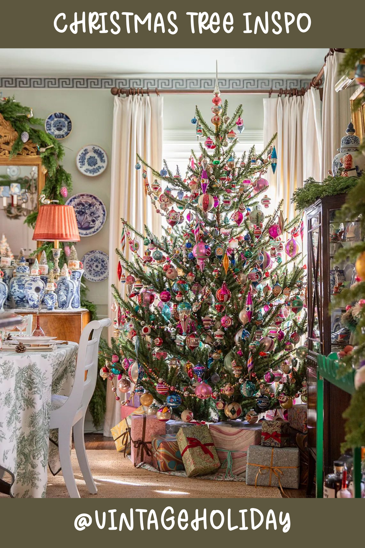 Tree 1 (@VINTAGEHOLIDAY): Step back in time with this stunning vintage-inspired Christmas tree! Adorned with an array of multicolored ornaments and nostalgic trinkets, it brings a charming, old-world feel to any room. The cozy setting with traditional decor around the tree makes it feel like a classic holiday postcard!