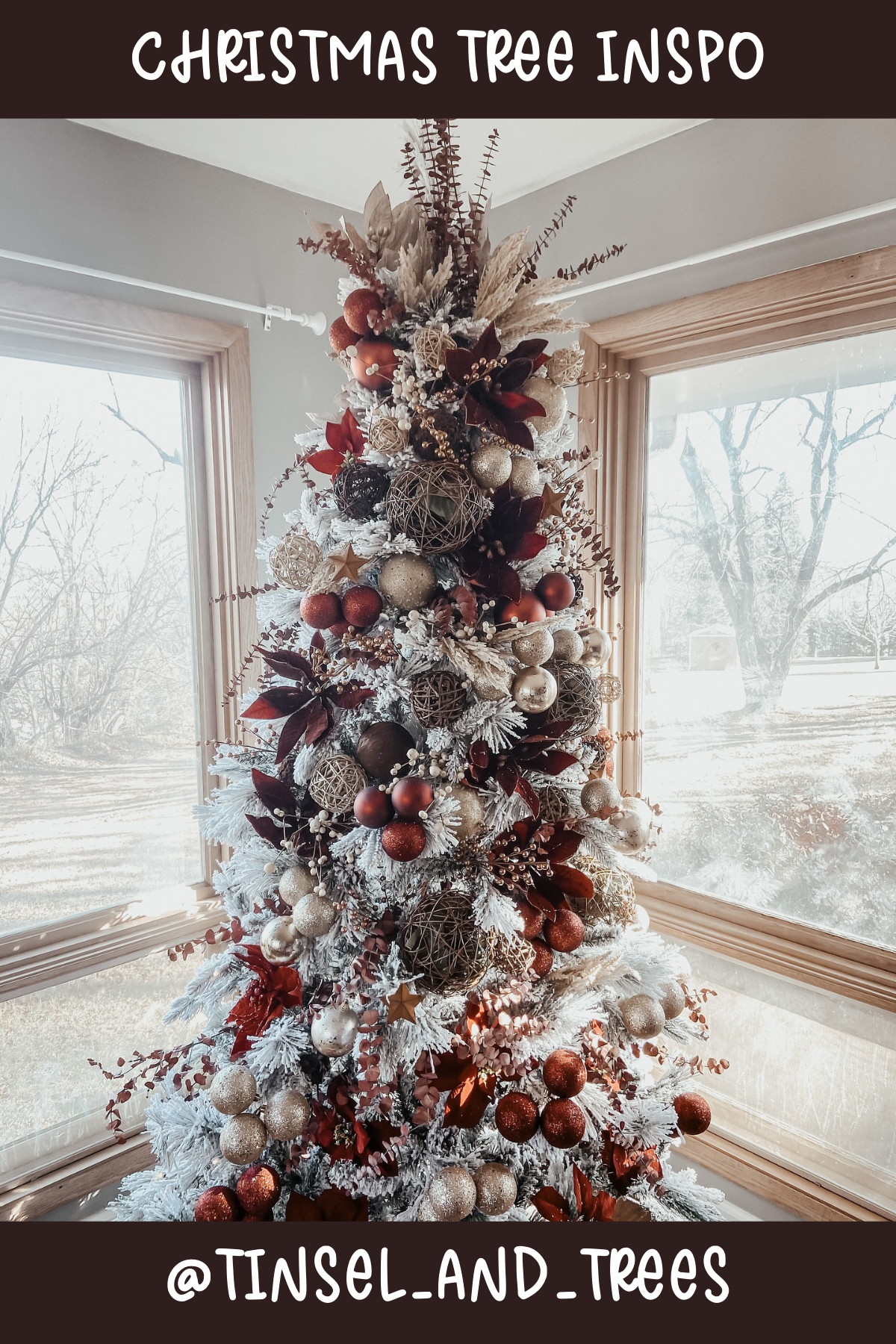 Tree 2 (@TINSEL_AND_TREES): This tree is a modern winter wonderland, with frosted branches and elegant ornaments in earthy tones of burgundy, gold, and cream. Rustic elements like twig balls and delicate flowers add texture, making it a perfectly chic choice for a contemporary holiday setup.