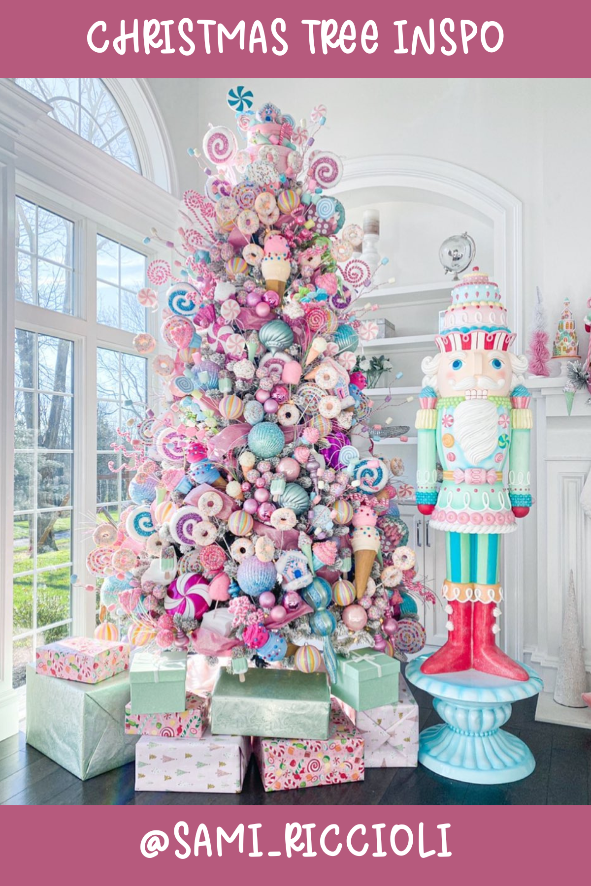 Tree 3 (@SAMI_RICCIOLI): Candyland dreams come true with this whimsical tree packed full of colorful sweets and treats! From ice cream cones to lollipops and candy canes, it’s a delightful nod to all things sugary and bright, perfect for adding a pop of fun to your festive season.