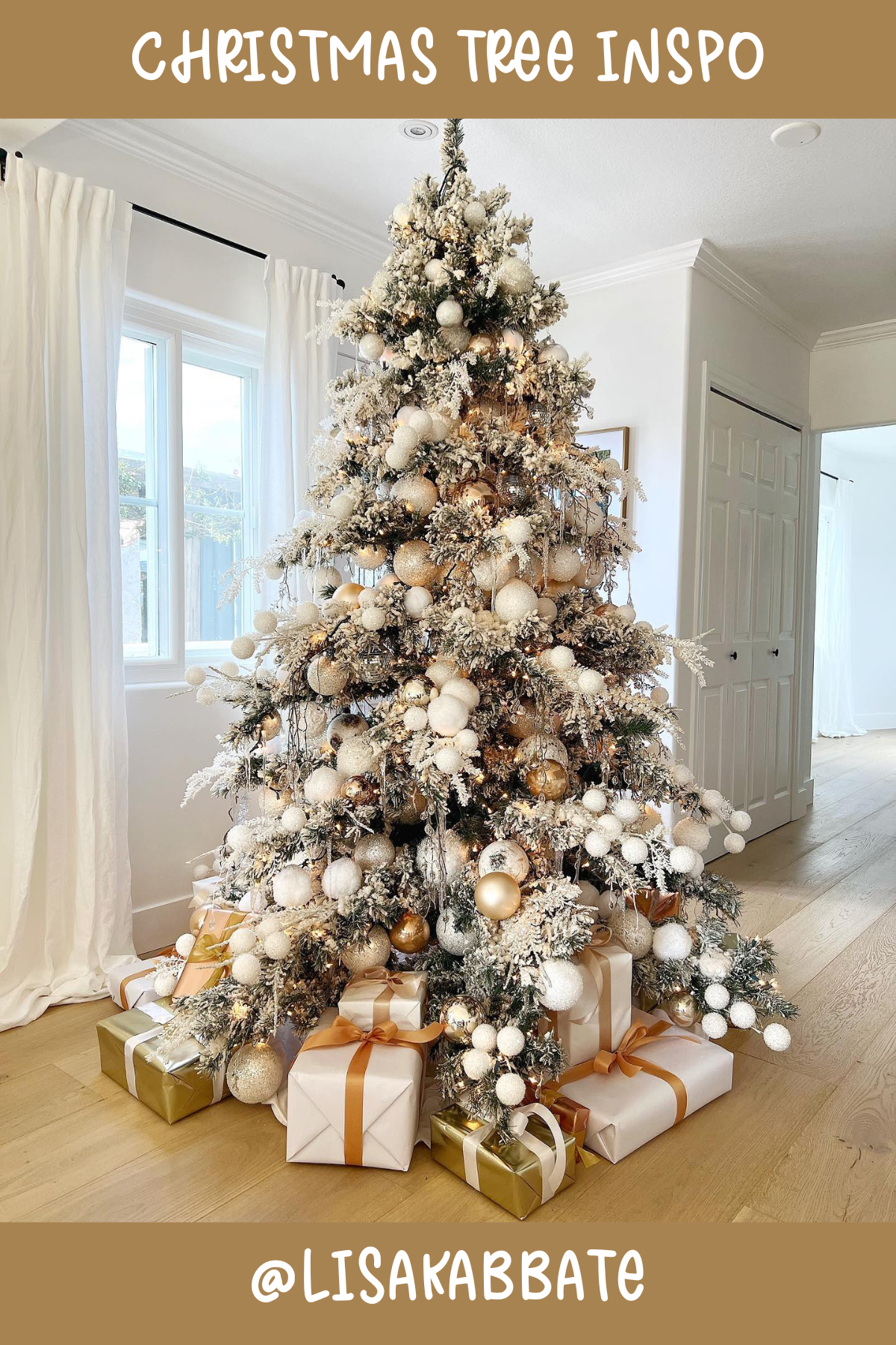 Tree 4 (@LISAKABBATE): This tree radiates classic elegance with its snowy branches and a palette of soft whites, golds, and hints of bronze. The abundance of gleaming baubles paired with delicate twinkling lights gives it an effortlessly luxurious vibe that suits a sophisticated holiday ambiance.