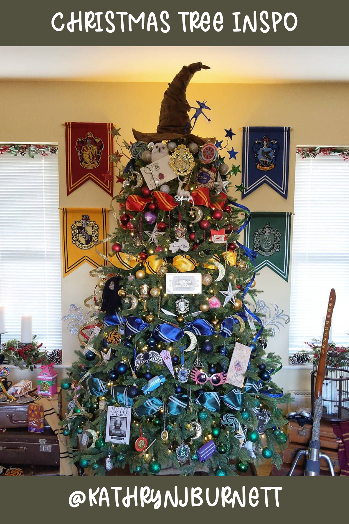 Tree 6 (@KATHRYNJBURNETT): Calling all wizards and witches! This tree is the ultimate homage to the wizarding world of Harry Potter, adorned with iconic props and colors from everyone's favorite wizarding houses. It's a perfect mix of fun, mystery, and enchantment to celebrate the season with a touch of magic.