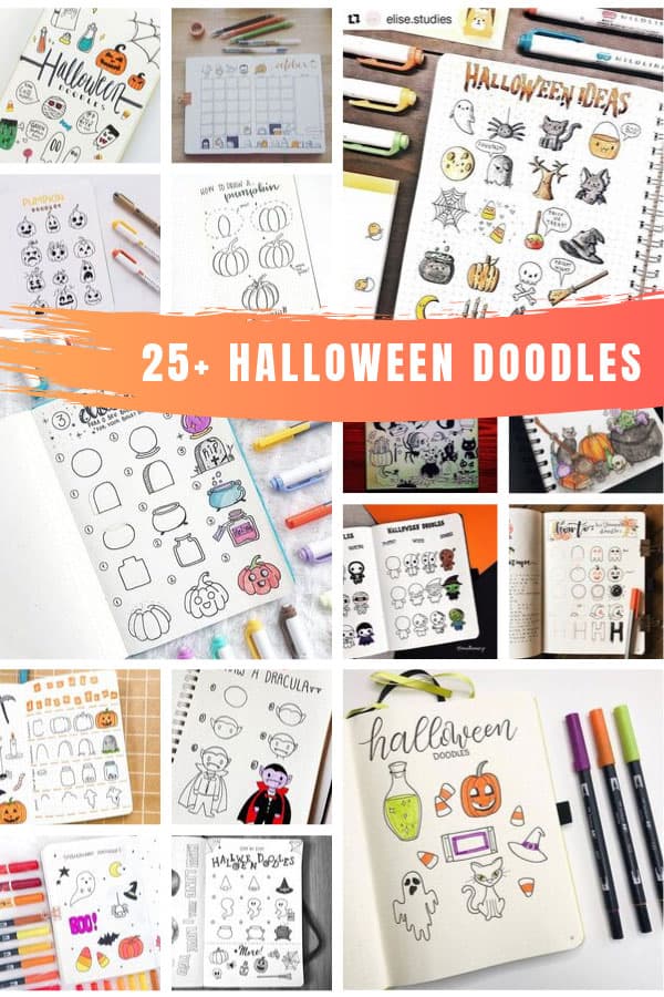 So many cute Halloween doodles to learn how to draw - they have pumpkins and even vampires! #halloween #bujo #bulletjournal