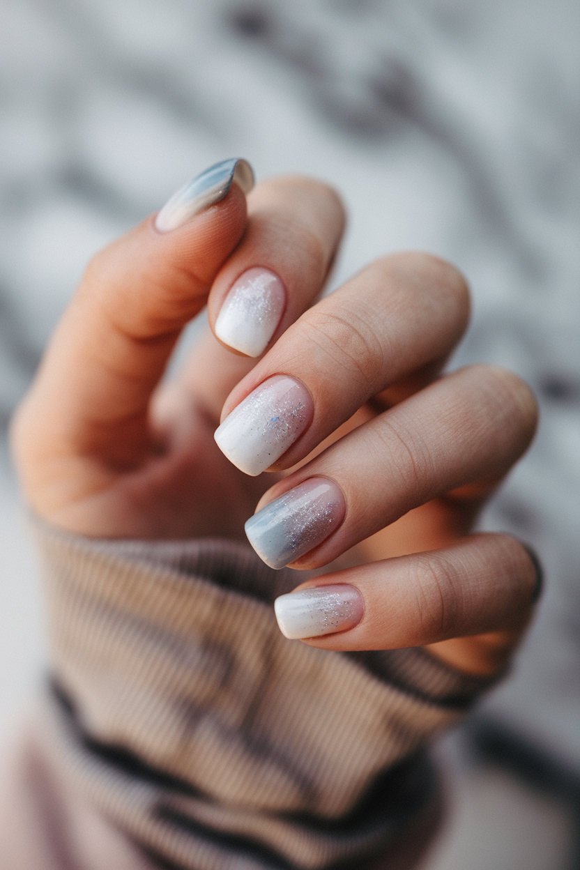 Icy Ombre Gradient – This frosty ombre effect, blending icy whites and soft blues, captures the serene beauty of a winter wonderland.