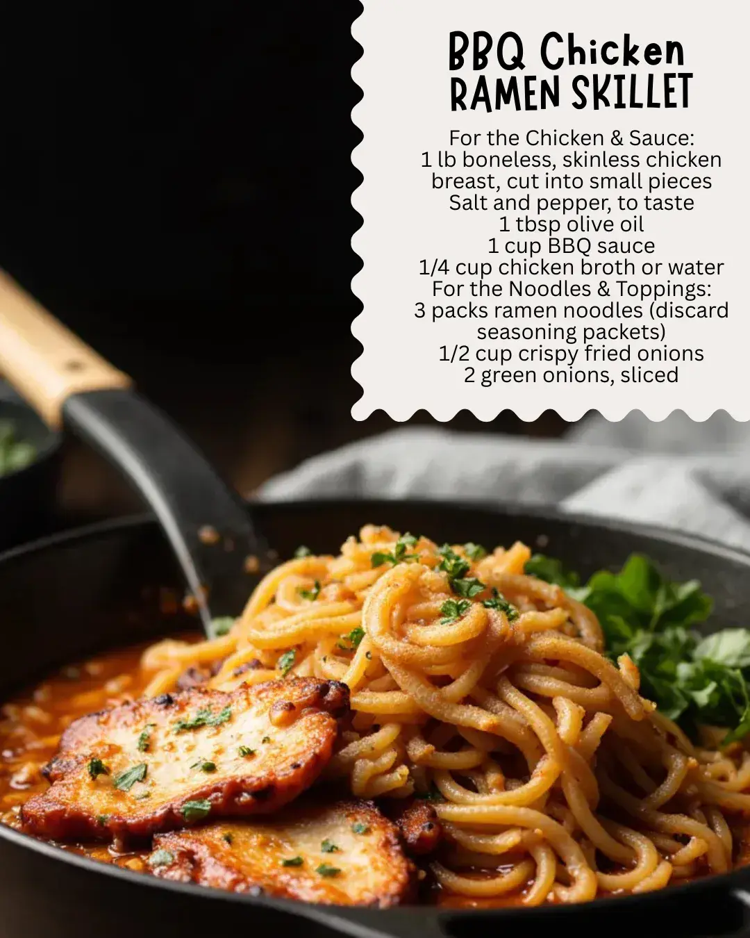 BBQ Chicken Ramen Skillet is a sweet and smoky twist on ramen night. Tender chicken and sticky BBQ sauce coat springy ramen noodles, all finished with crispy fried onions for crunch—perfect for a fun, flavorful dinner that’s anything but boring.