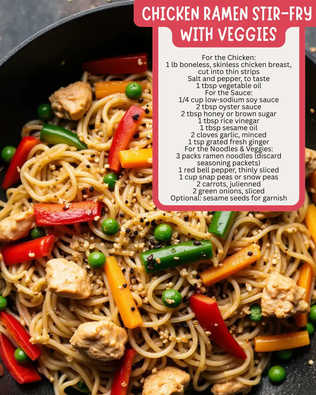Chicken Ramen Stir-Fry with Veggies is a lightning-fast, one-pan wonder loaded with crisp veggies and tender chicken tossed in a savory sauce. It’s an easy, better-than-takeout meal for busy nights when you need dinner on the table fast.