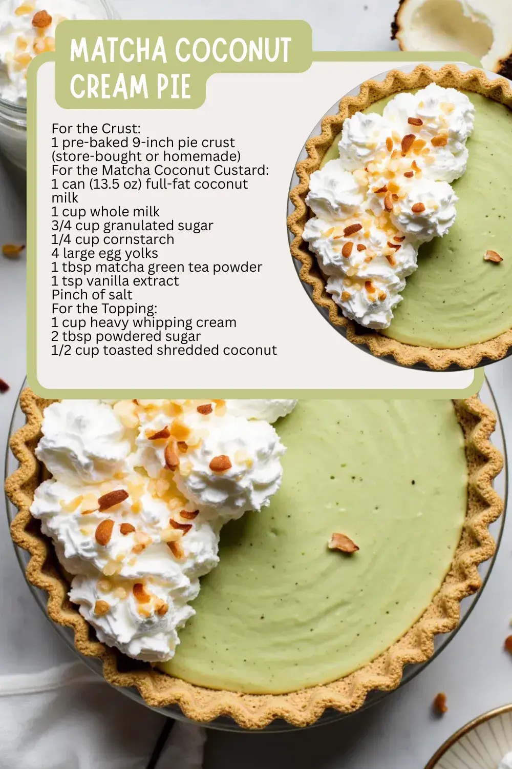 Looking for something a little different? This pie takes classic coconut cream and gives it a fresh, earthy twist with matcha in the custard, all topped with toasted coconut. It’s elegant, unique, and perfect for tea parties or spring gatherings. This one tastes so good!
