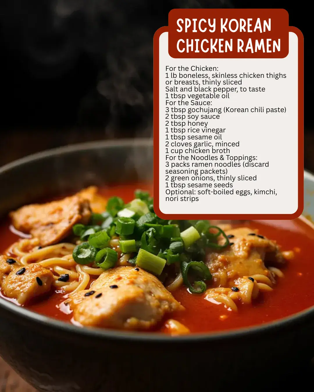 Craving heat? Spicy Korean Chicken Ramen combines juicy chicken with fiery gochujang sauce and slurpable noodles for a bowl that packs serious flavor. This quick dish brings restaurant-quality Korean spice straight to your kitchen.