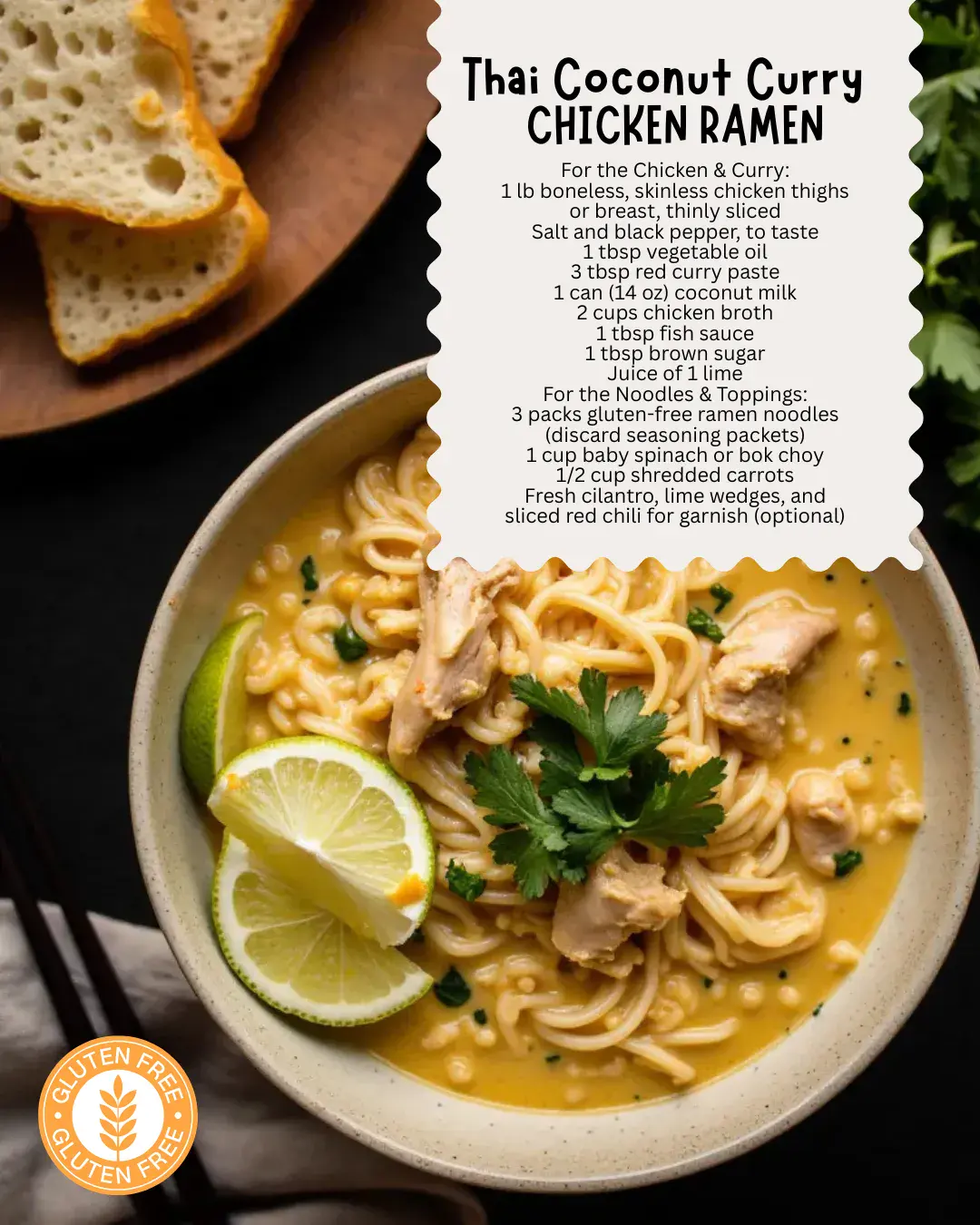Warm up with Thai Coconut Curry Chicken Ramen, a gluten-free recipe featuring tender chicken, creamy coconut milk, and aromatic red curry broth. This cozy bowl is packed with bold flavors that transport you straight to your favorite Thai restaurant.
