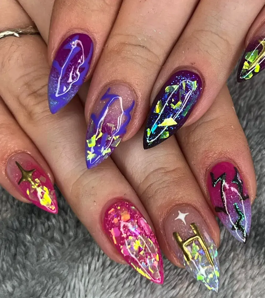 Full throttle sparkle with bright pinks, blues, and holographic shards — like bottled chaos from your favorite battle sequence.