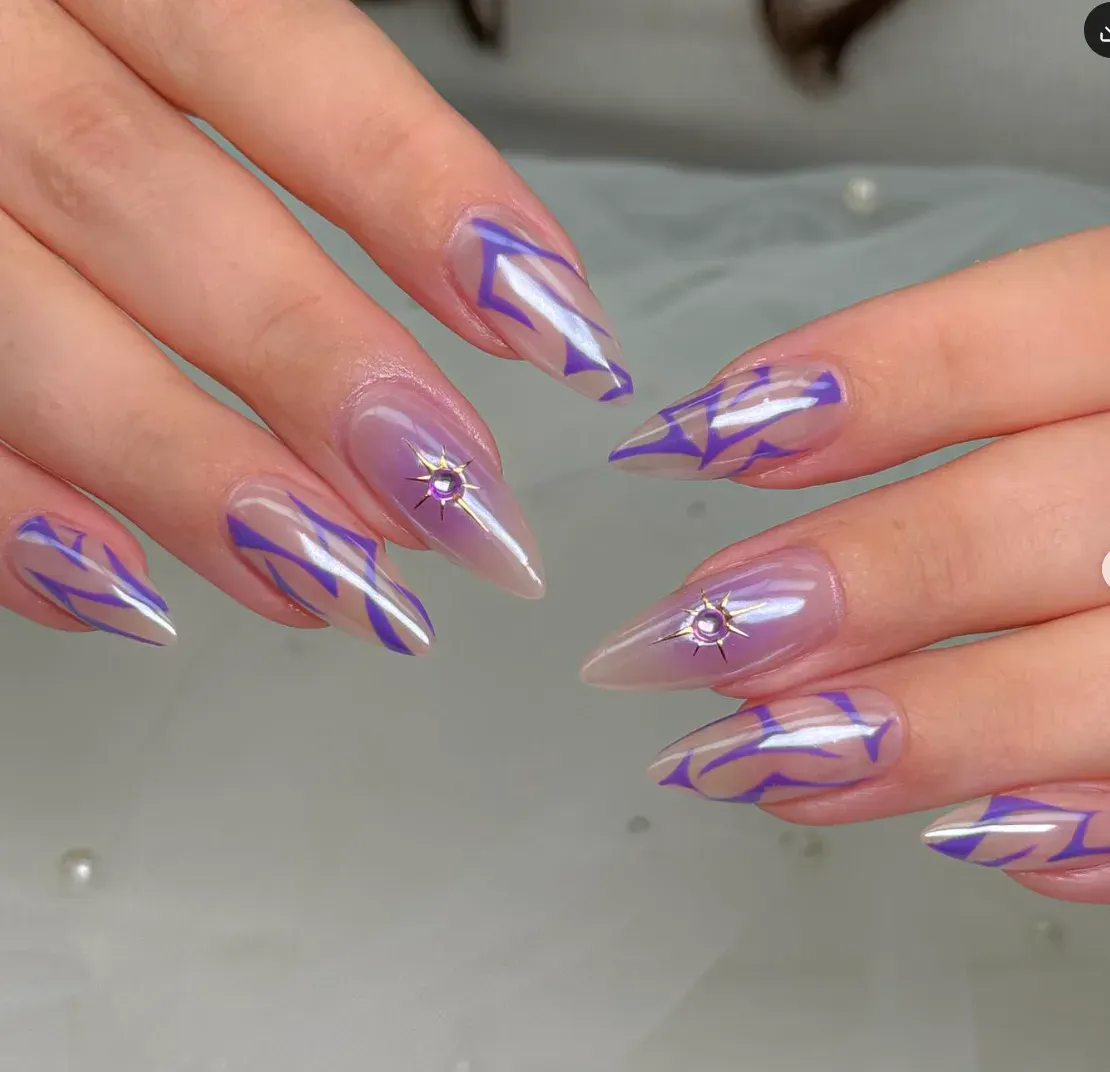 Iridescent purple lightning bolts shimmer across soft neutral polish, giving that otherworldly vibe worthy of a demon hunter transformation scene.