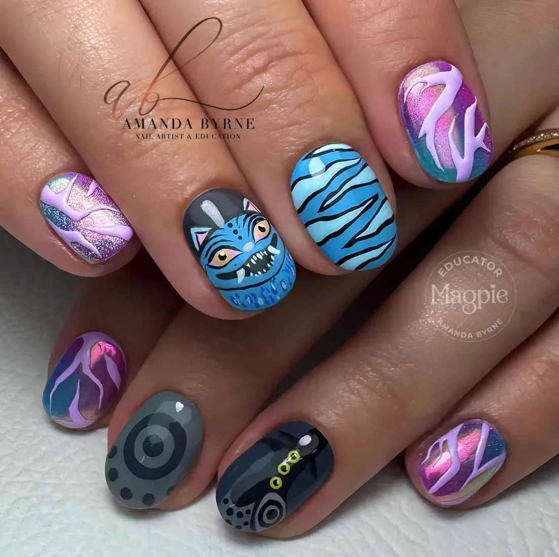 The perfect mix of cute and chaotic — tiger stripes, holographic waves, and bright blue K-Pop energy that screams main-character moment.