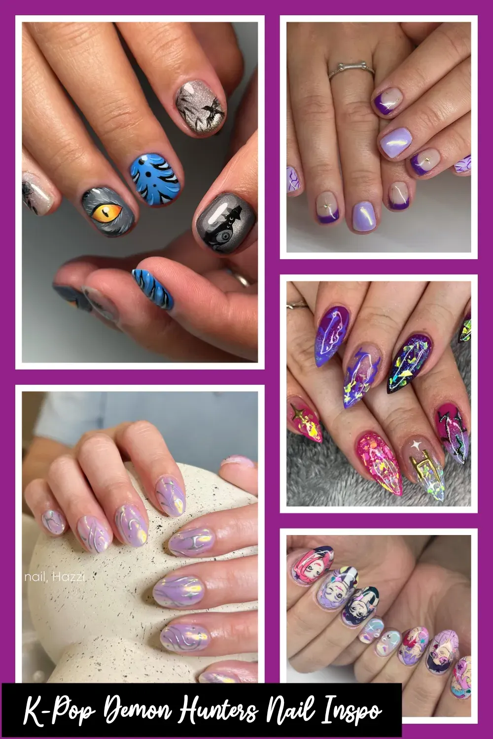 K-Pop Demon Hunters Nail Art Ideas You’ll Be Obsessed With 💜🔥Step into Halloween with these bold K-Pop Demon Hunters nail art ideas! From glowing demon eyes to anime-style portraits, these designs are fierce, fun, and full of K-pop attitude. #KPopDemonHunters #HalloweenNails #KPopNailArt