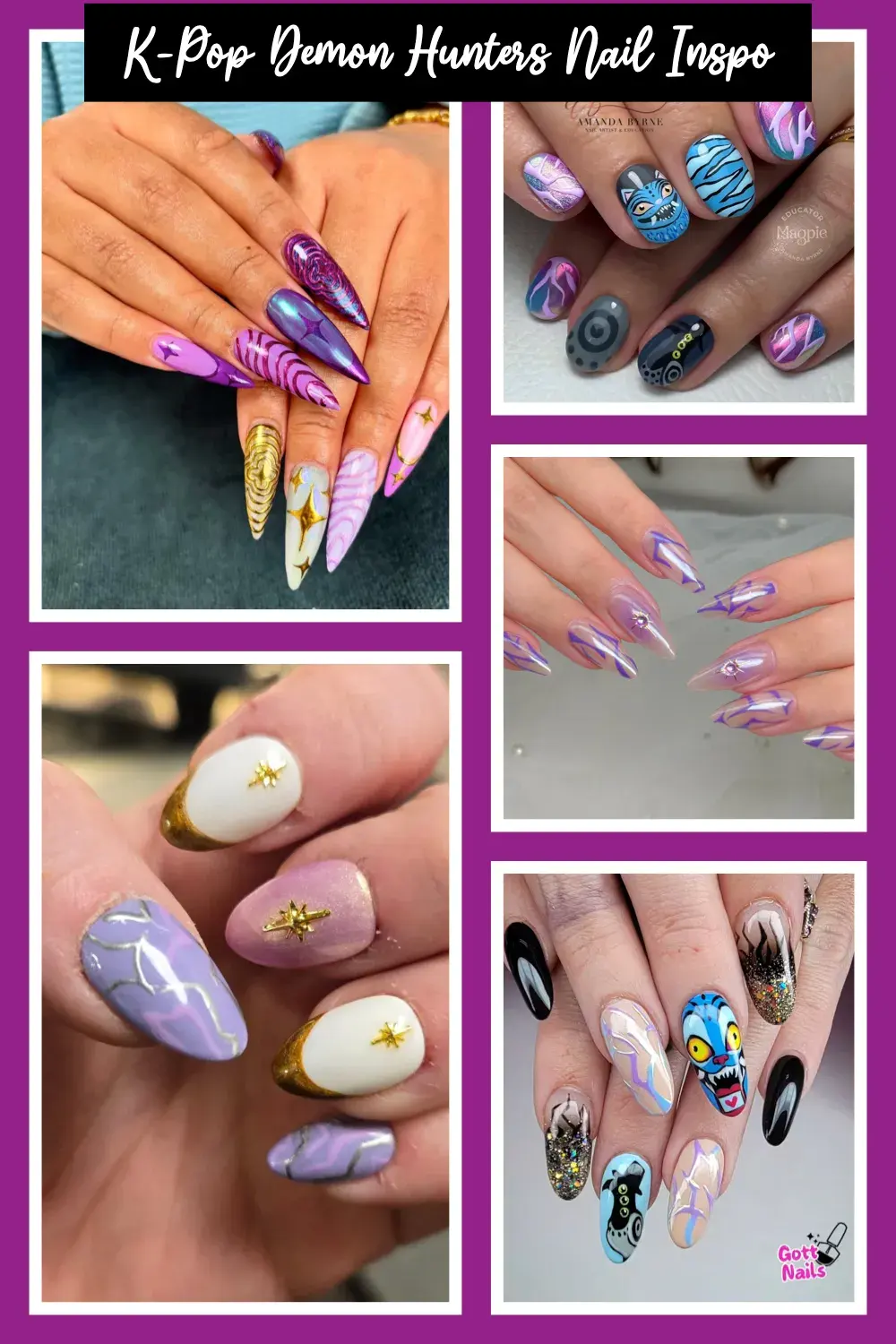 These K-Pop Demon Hunters–inspired nail designs are the ultimate mix of color, sparkle, and power. Perfect for your Halloween costume or everyday K-Pop glam! #KPopNailDesign #KPopDemonHunters #HalloweenNailArt