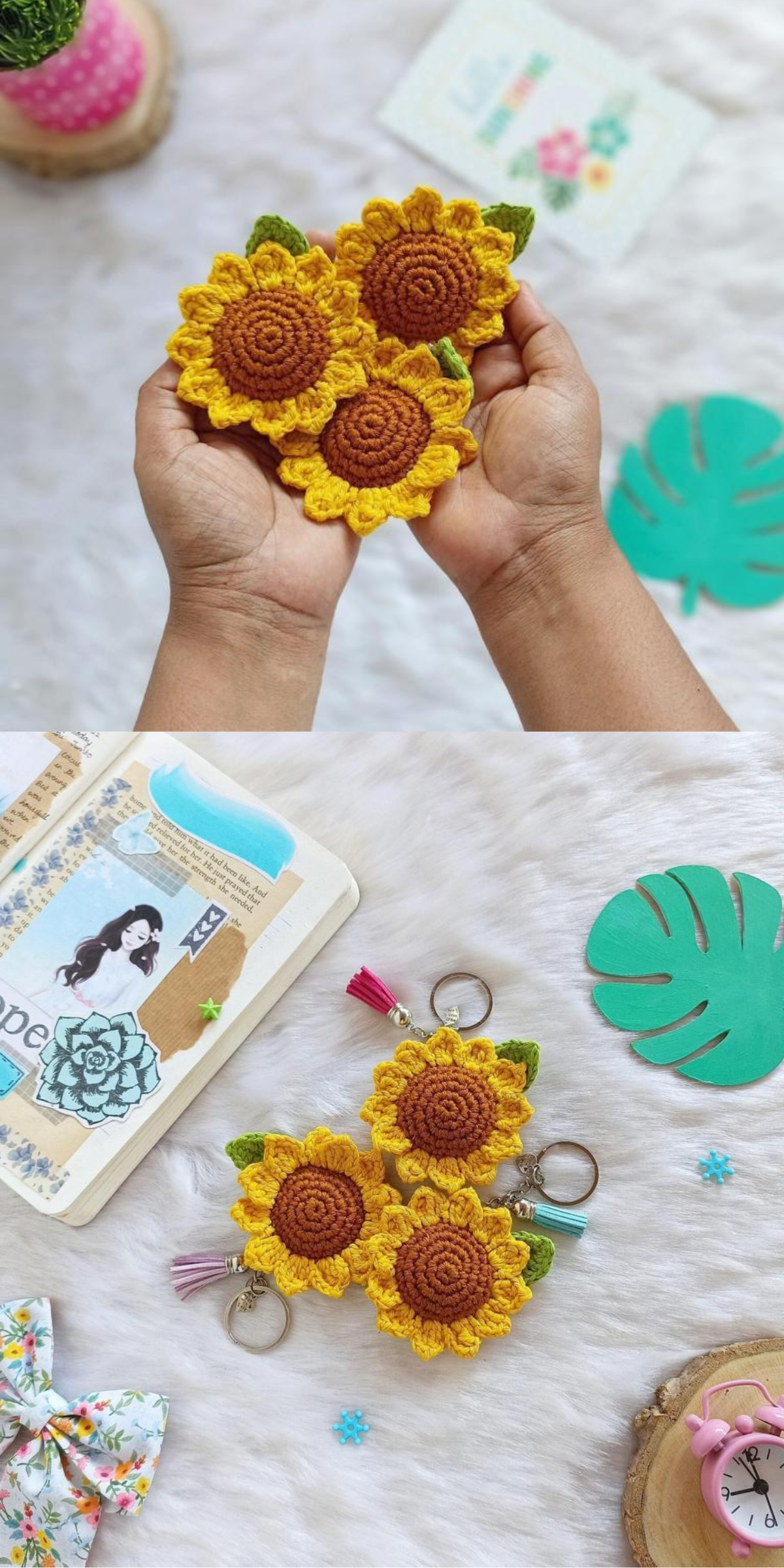 This cute sunflower keychain pattern is beginner-friendly, with easy-to-follow steps. You can use these cheery blooms to embellish hats, bags, or even create a sunflower garland!