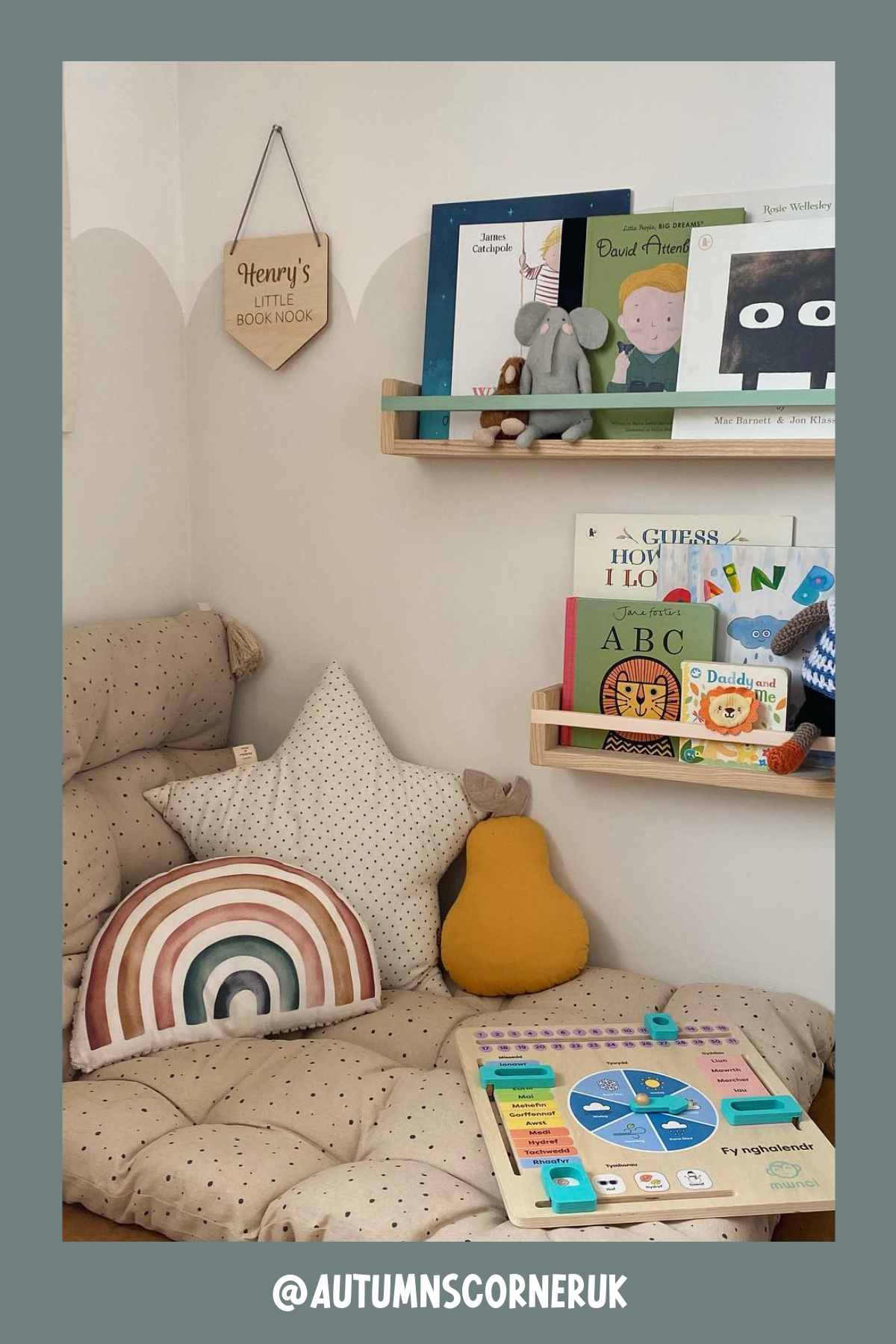 Soft and snug, this little book nook is perfect for curling up. With neutral tones and cushy seating, it feels like a warm hug. The small bookshelves within arm’s reach hold a lovely selection of reads, while playful accents like a rainbow pillow and plush toys add a sprinkle of whimsy.