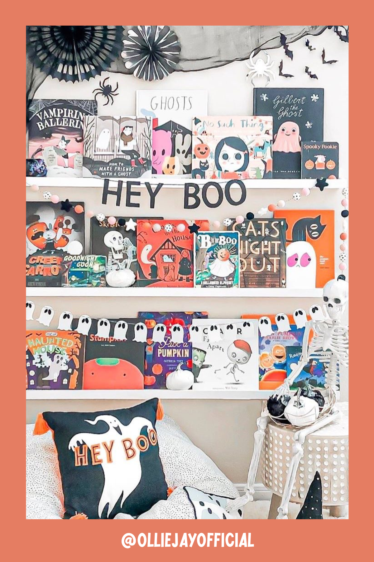 This nook is ready for some spooky season fun! Decorated with Halloween-themed books and garlands, it gives off all the festive vibes. The "Hey Boo" banner, plush ghost pillow, and even a playful skeleton add just the right amount of spookiness to make reading extra exciting. It's a cozy little haunt perfect for cuddling up with a good ghost story!