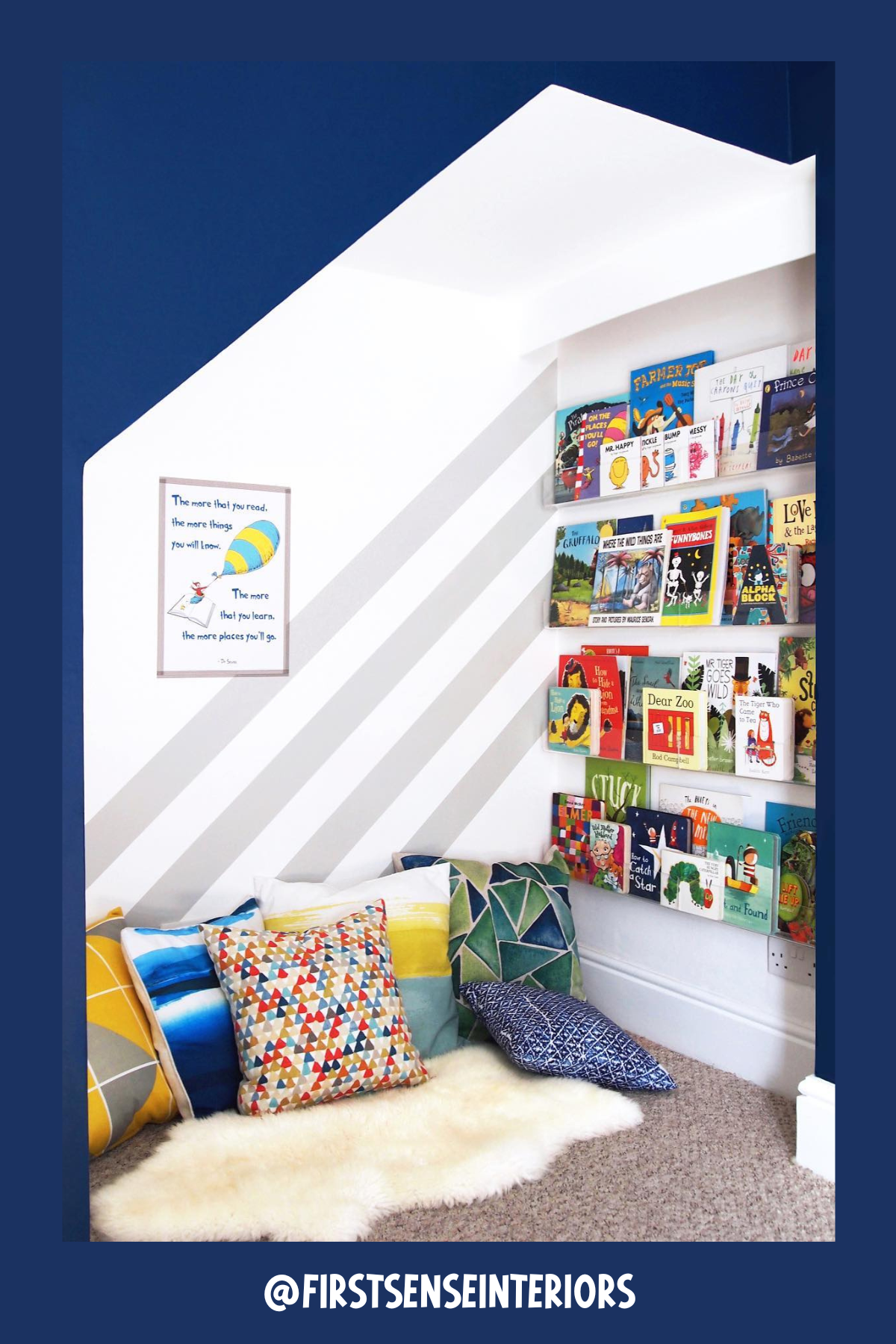 This under-the-stairs reading corner is both vibrant and functional. Bright cushions in various patterns and a fluffy rug create a cozy spot to nestle in. The slanted book display adds a playful element while showcasing an array of colorful titles, perfect for inspiring young readers.