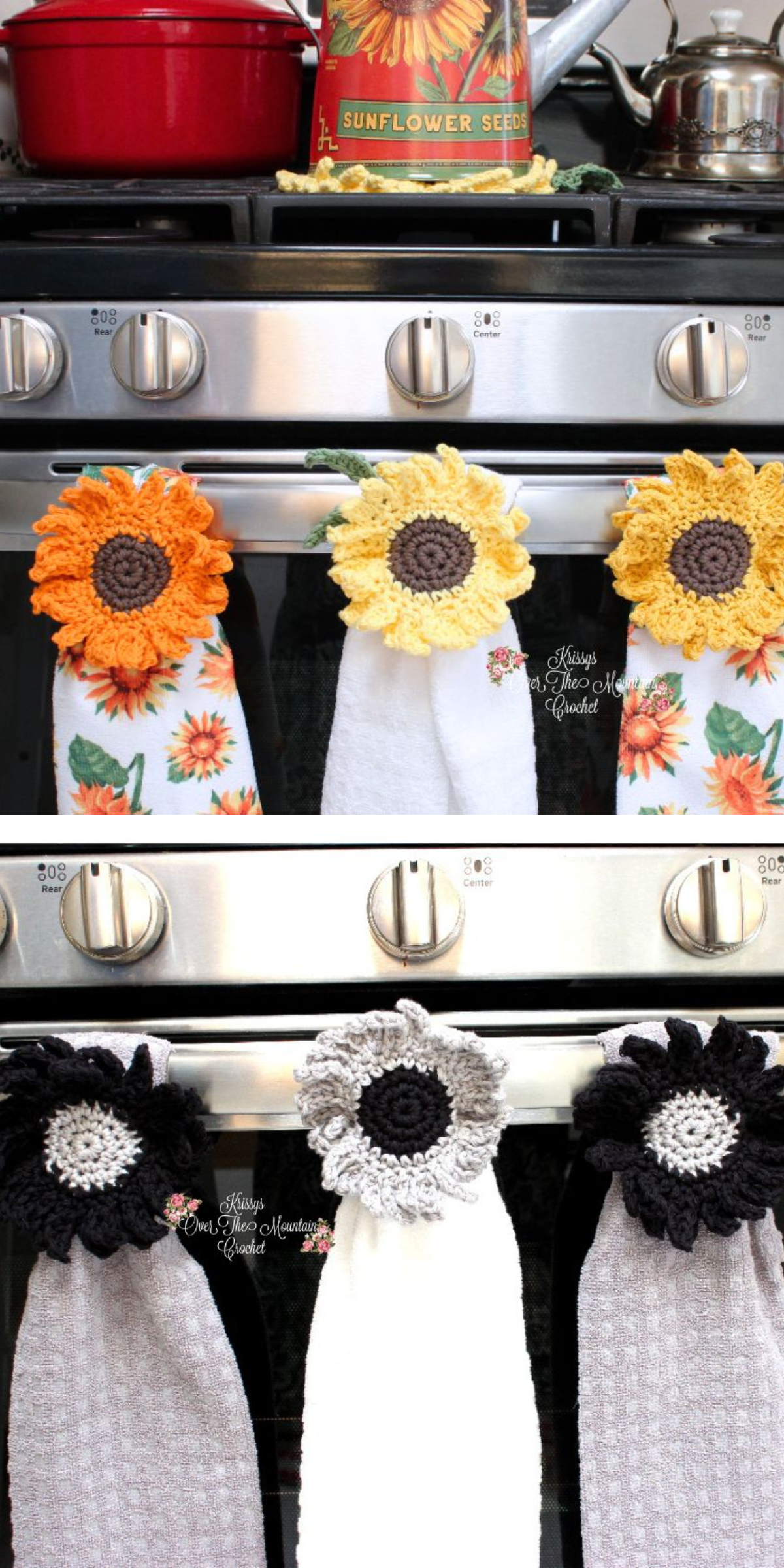 This handy crochet towel topper adds a touch of farmhouse charm to your kitchen. The sunflower design is both functional and pretty, keeping your towels in place with style.