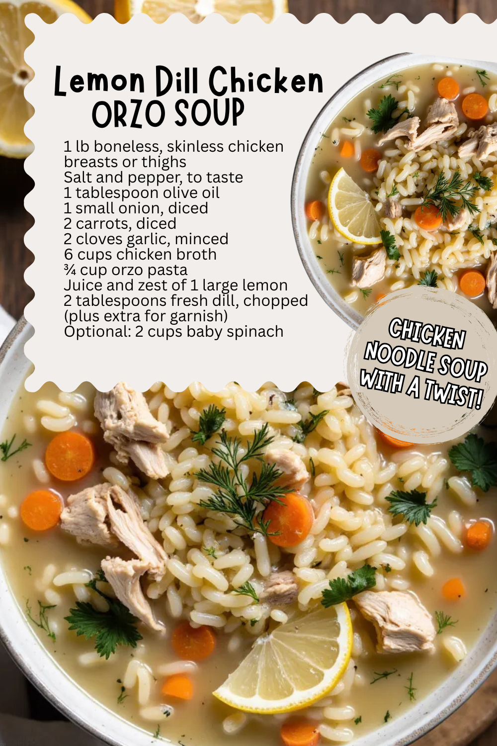 Lemon Dill Chicken Orzo Soup brings a bright, Greek-inspired twist to classic chicken noodle soup with a zesty, refreshing kick. Tender chicken, delicate orzo pasta, fresh dill, and a generous splash of lemon juice come together in a light yet comforting broth that’s perfect for cozy nights or anytime you crave something nourishing and vibrant.