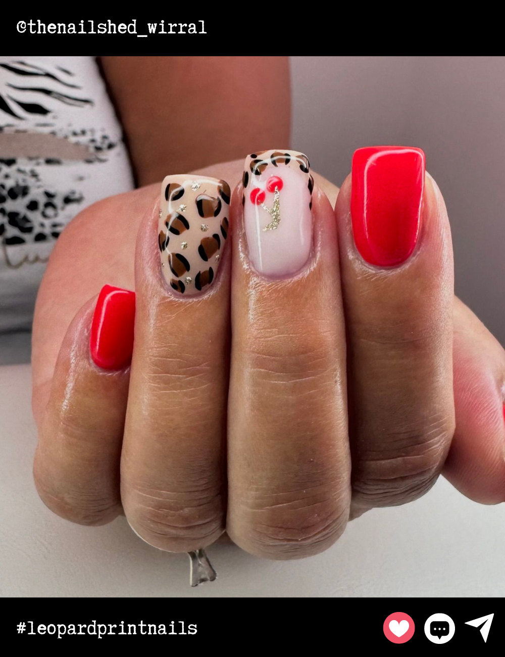 Square nails with a playful pop of color! The vibrant red nails are paired with a chic, classic leopard print accent, finished with a cute cherry detail. Fun and flirty, these nails are for those who want to keep things both wild and sweet!