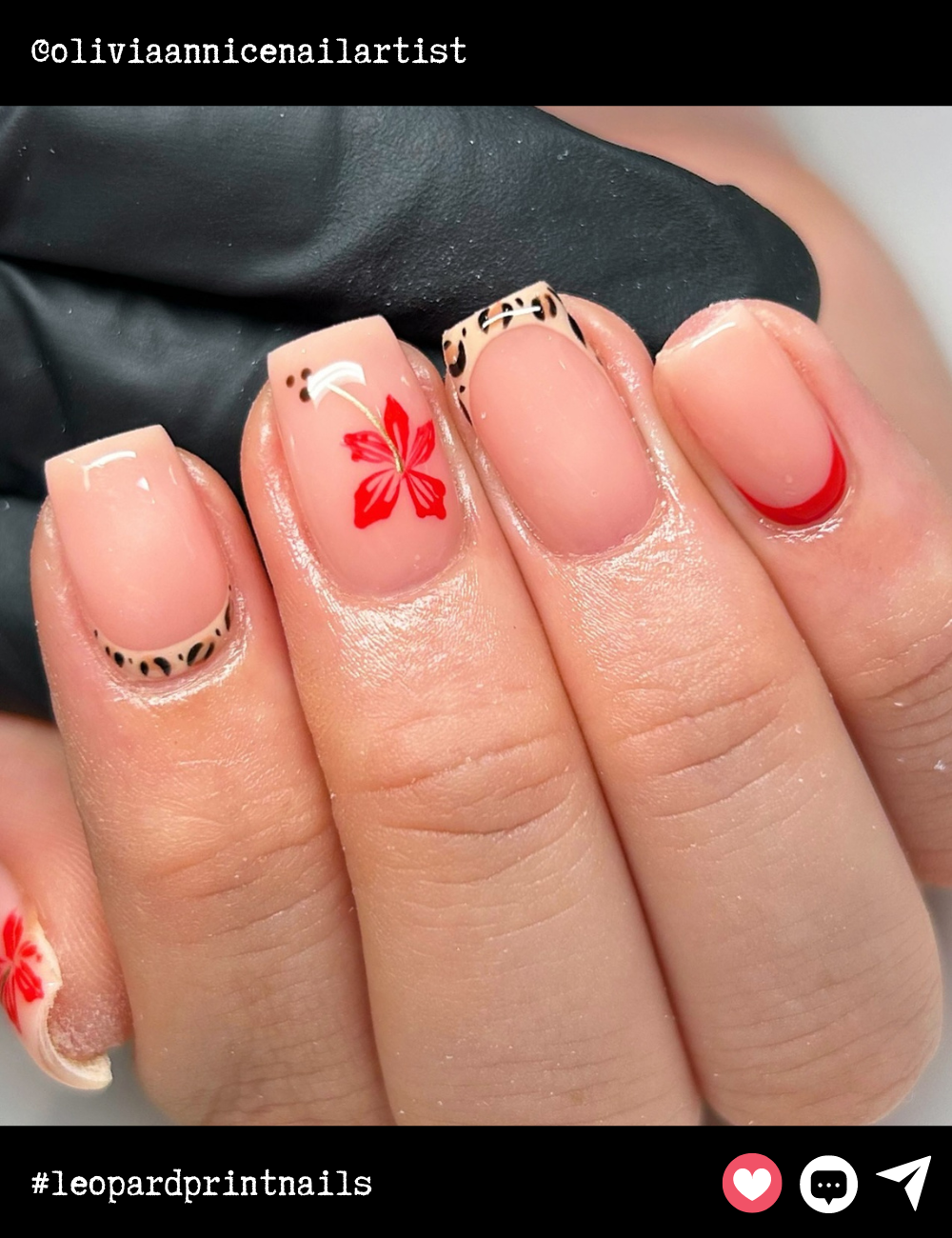 Square nails mix leopard print with bold red florals. The combination of neutral tones and vibrant red makes these nails a standout design that's both feminine and fierce.