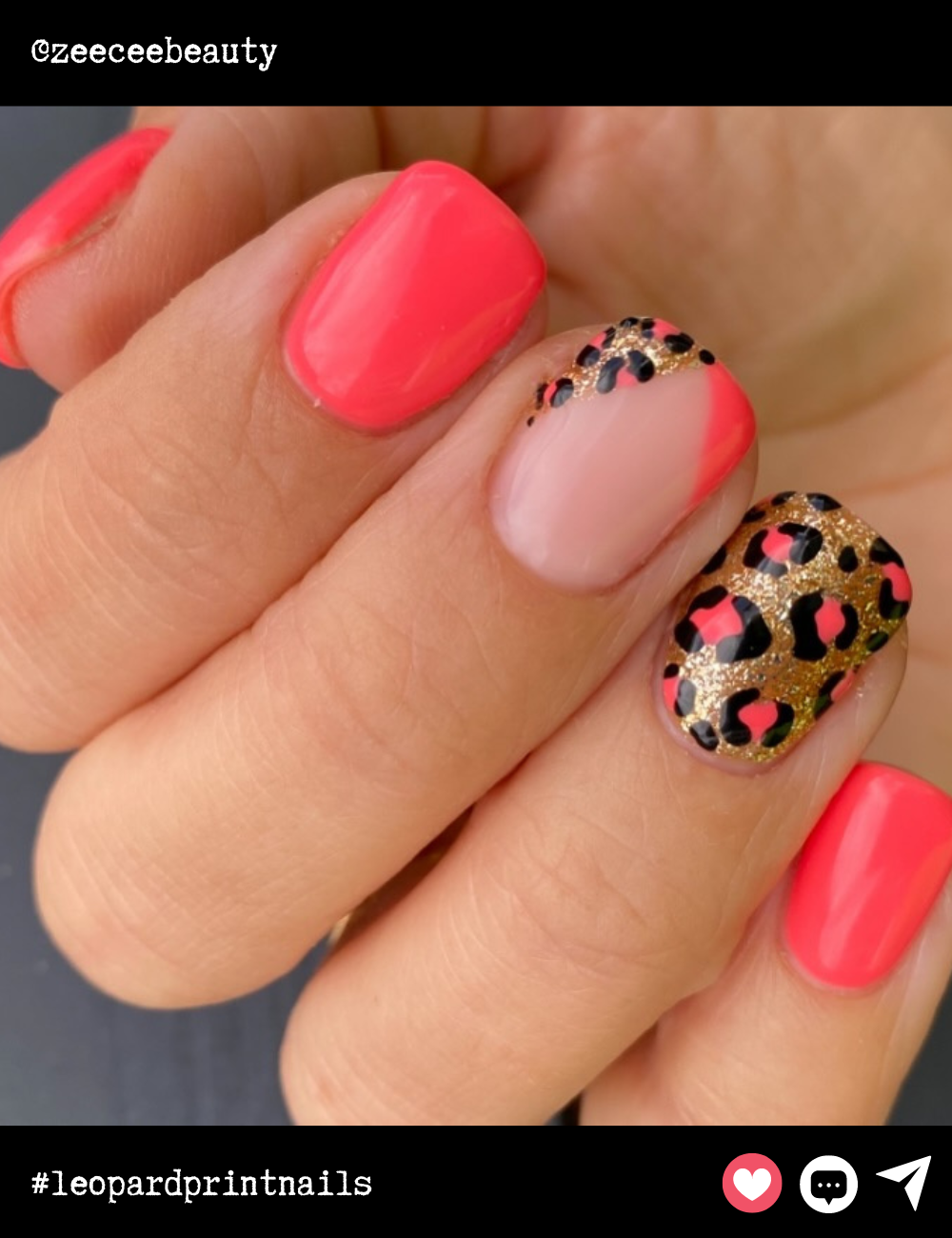 Short square nails in a bold neon pink are balanced with a golden glitter leopard print accent nail. This vibrant design is perfect for those who want their nails to pop with personality!