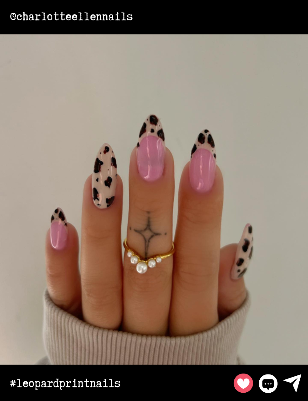 Round almond-shaped nails go pink and chic with a playful leopard print detail on the tips. This design is both modern and feminine, with just enough wild to keep it interesting.