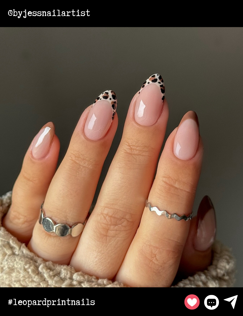 Almond-shaped nails keep things soft and subtle with a neutral base and a delicate touch of leopard print on the tips. This understated design is ideal for those who want a wild touch without going overboard.