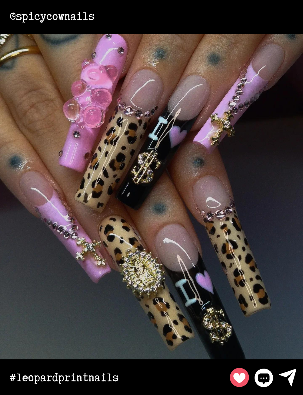 Long coffin-shaped nails bring drama to the forefront with a mix of pink, black, and leopard print. The addition of glitzy embellishments makes these nails a showstopper. Great for those who love some extra flair!