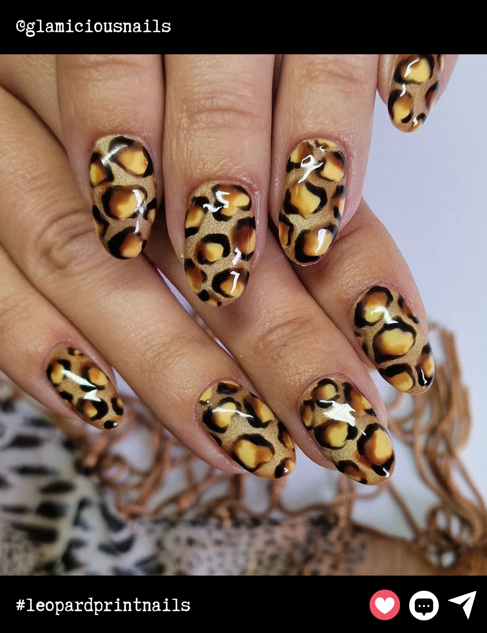 Almond nails dial up the intensity with a hyper-realistic 3D leopard print in bold amber tones. These high-shine nails are perfect for those who want their manicure to roar with fierce energy.