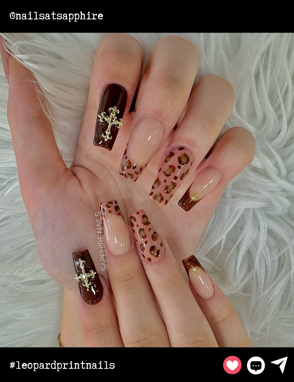 Coffin-shaped nails in rich brown tones combine a leopard print accent with sparkling embellishments. The mix of matte, gloss, and gold accents makes these nails sophisticated with a touch of wild elegance.