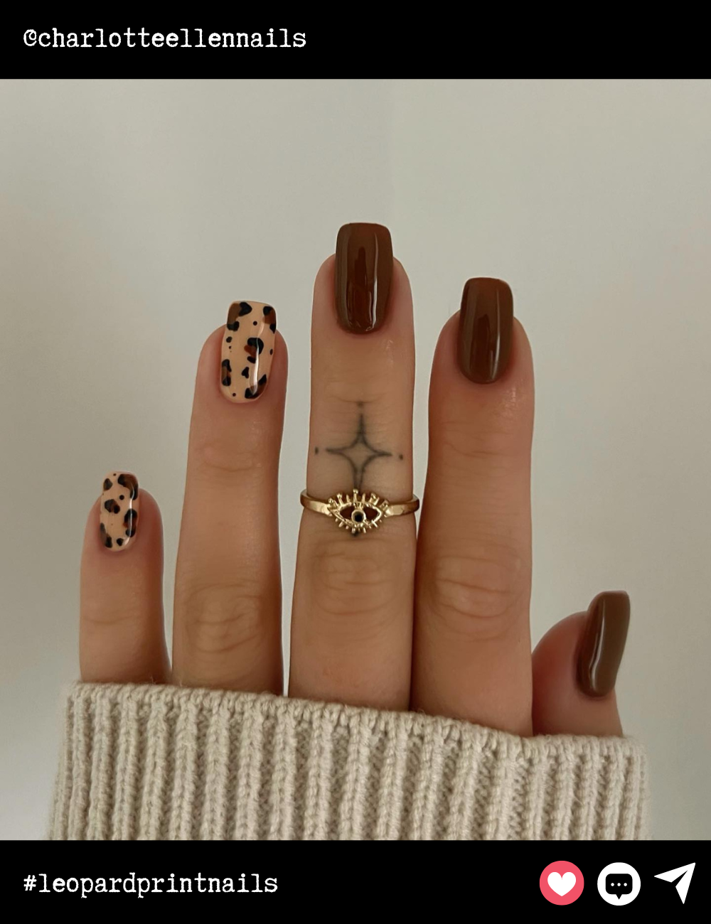 Coffin-shaped nails bring out deep fall vibes with rich brown polish and a bold leopard accent. The matte and glossy mix adds dimension, while the classic print keeps the look timeless yet trendy.