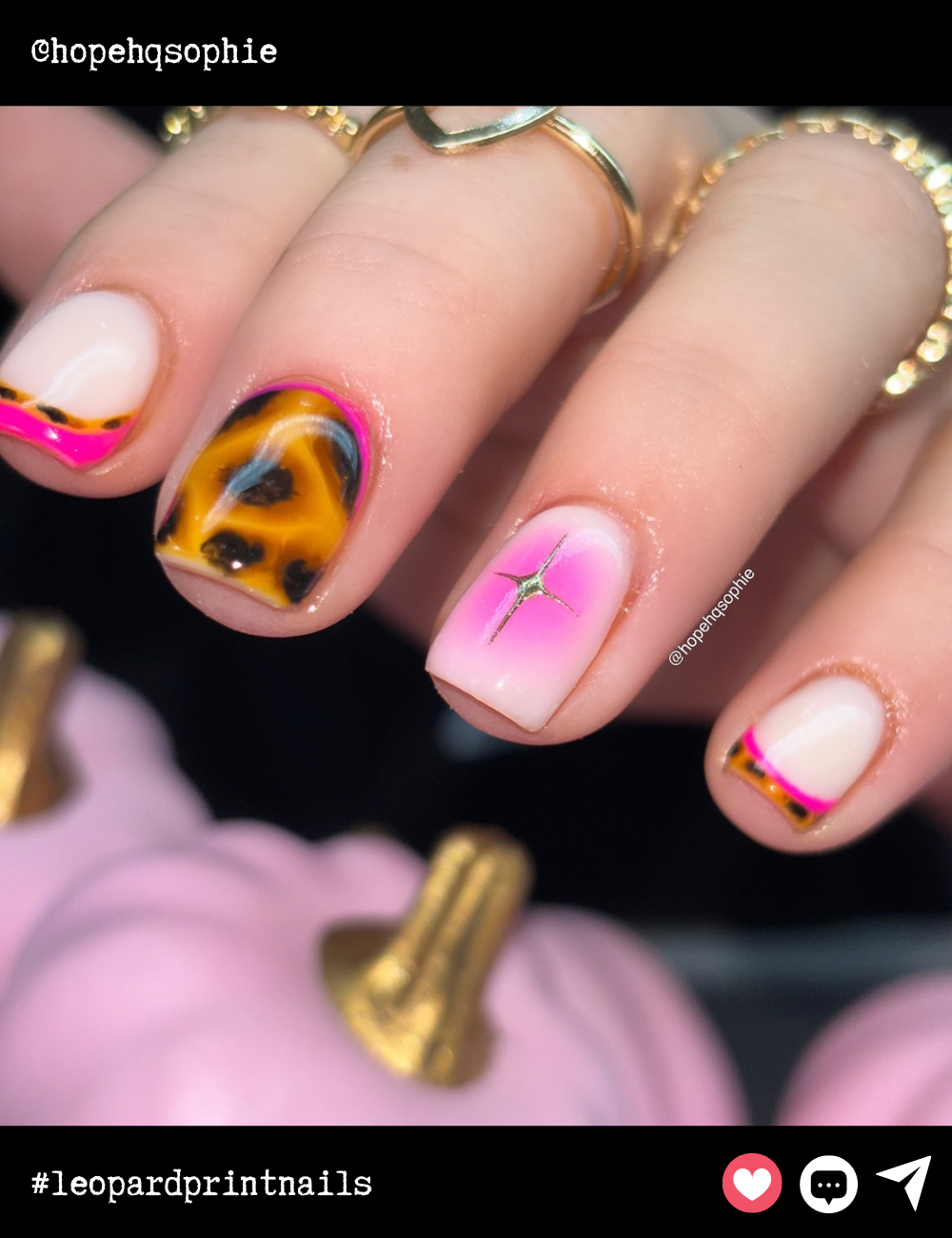 Square nails showcase a trendy mix of designs with a pink and leopard feature on one nail, a marbled leopard effect on another, and even a shining pink star. These nails are fun and fresh, blending patterns with whimsy.